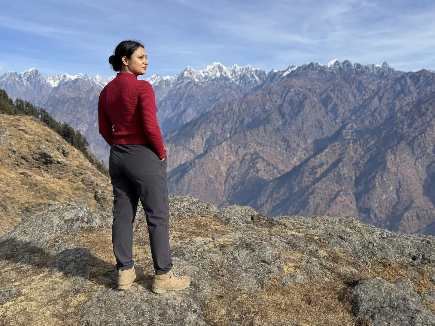 Vandana standing on a rocky outcrop with her back to the camera, looking across a deep valley at a long line of snow peaks.
