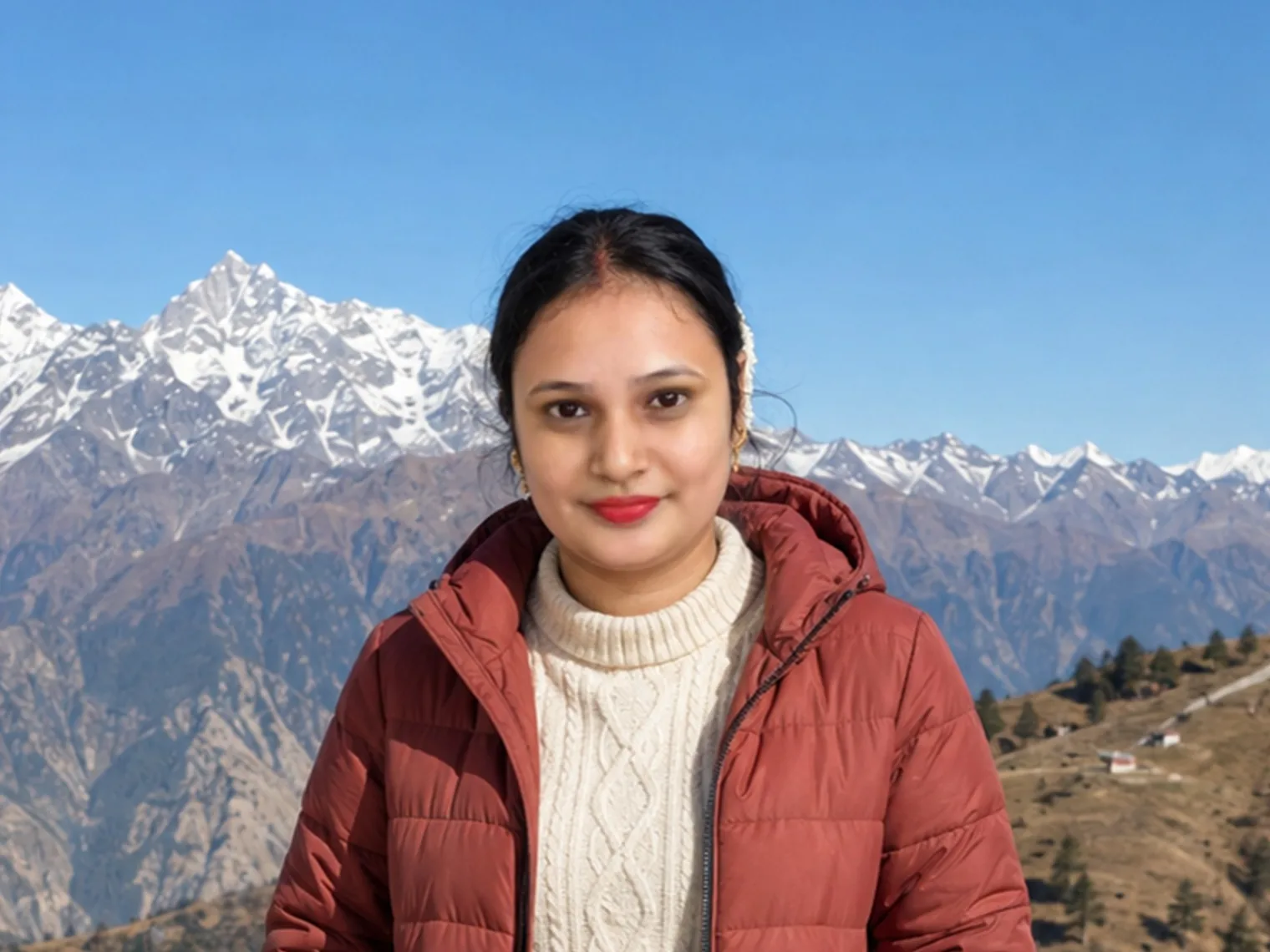 Vandana in a red jacket smiling at the camera, snow peaks and a blue sky behind her.