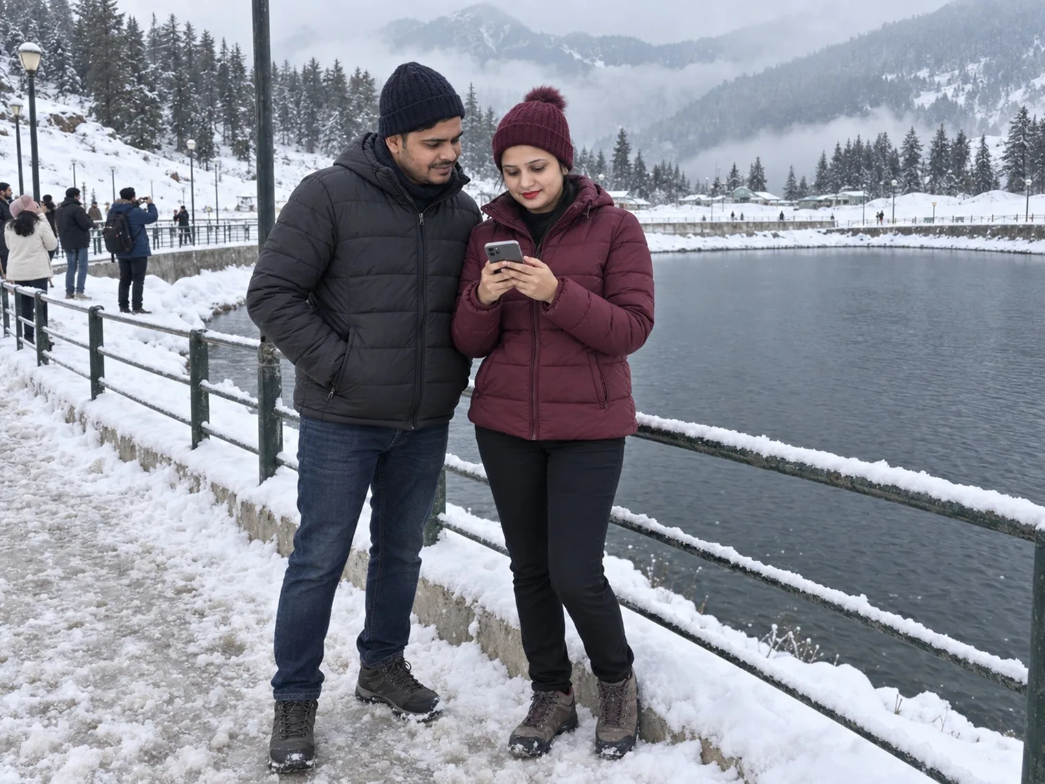 Nav and Vandana on the snowy path around the lake in January 2026, lamp posts and other visitors along the far side.