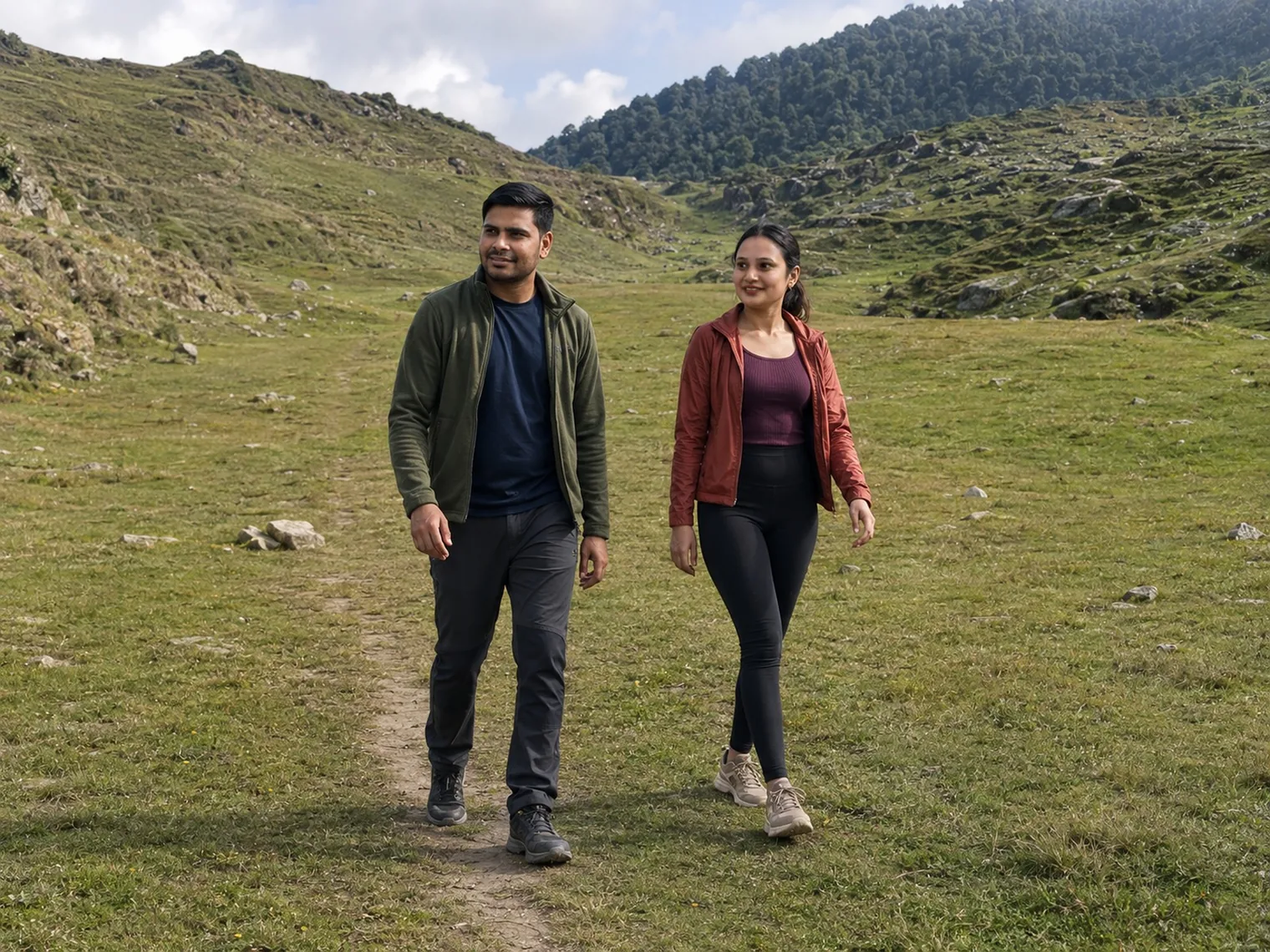 Nav and Vandana walking along a narrow dirt path through short green grass in a broad meadow.