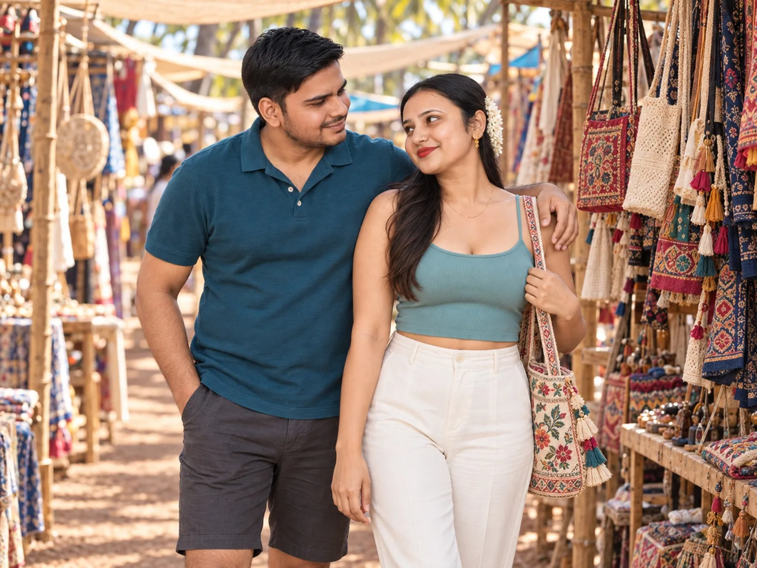 Nav and Vandana walking side by side between market stalls hung with embroidered bags and textiles, Vandana carrying a cloth bag on her shoulder, shade awnings overhead.