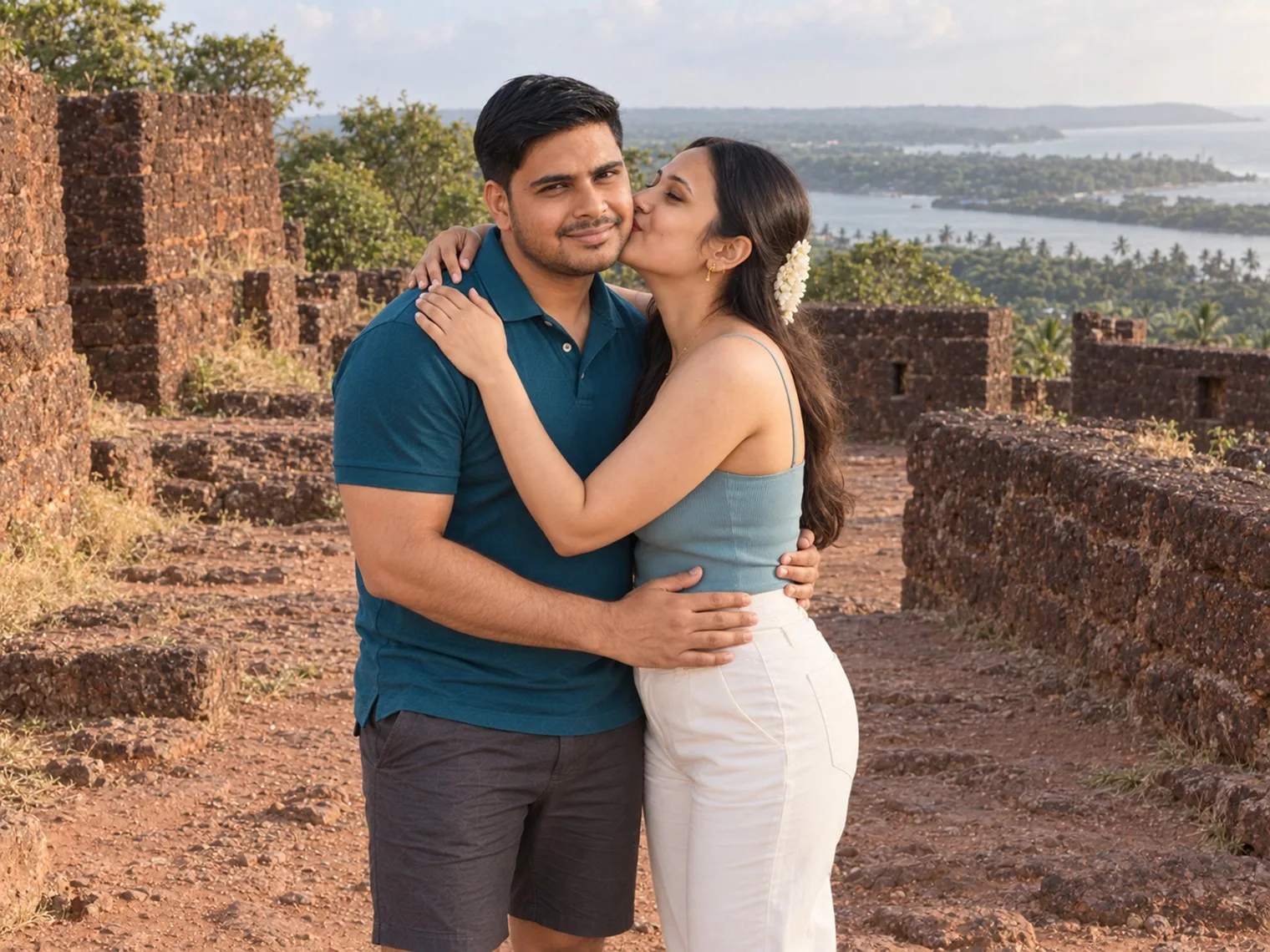 Vandana kissing Nav on the cheek as they hug among low laterite walls on a hilltop, the river mouth, palm-lined shore and sea spread out below.