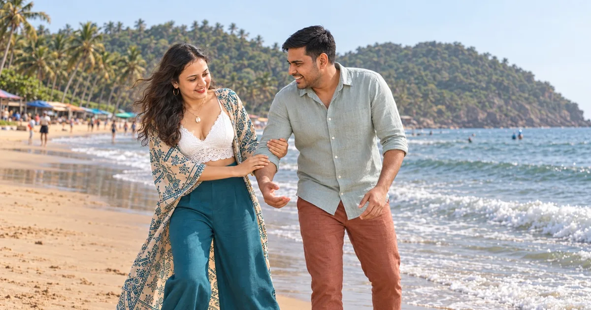 Nav and Vandana walking together at the water's edge on Agonda beach in South Goa, waves on the right and a green headland behind them, February 2026.
