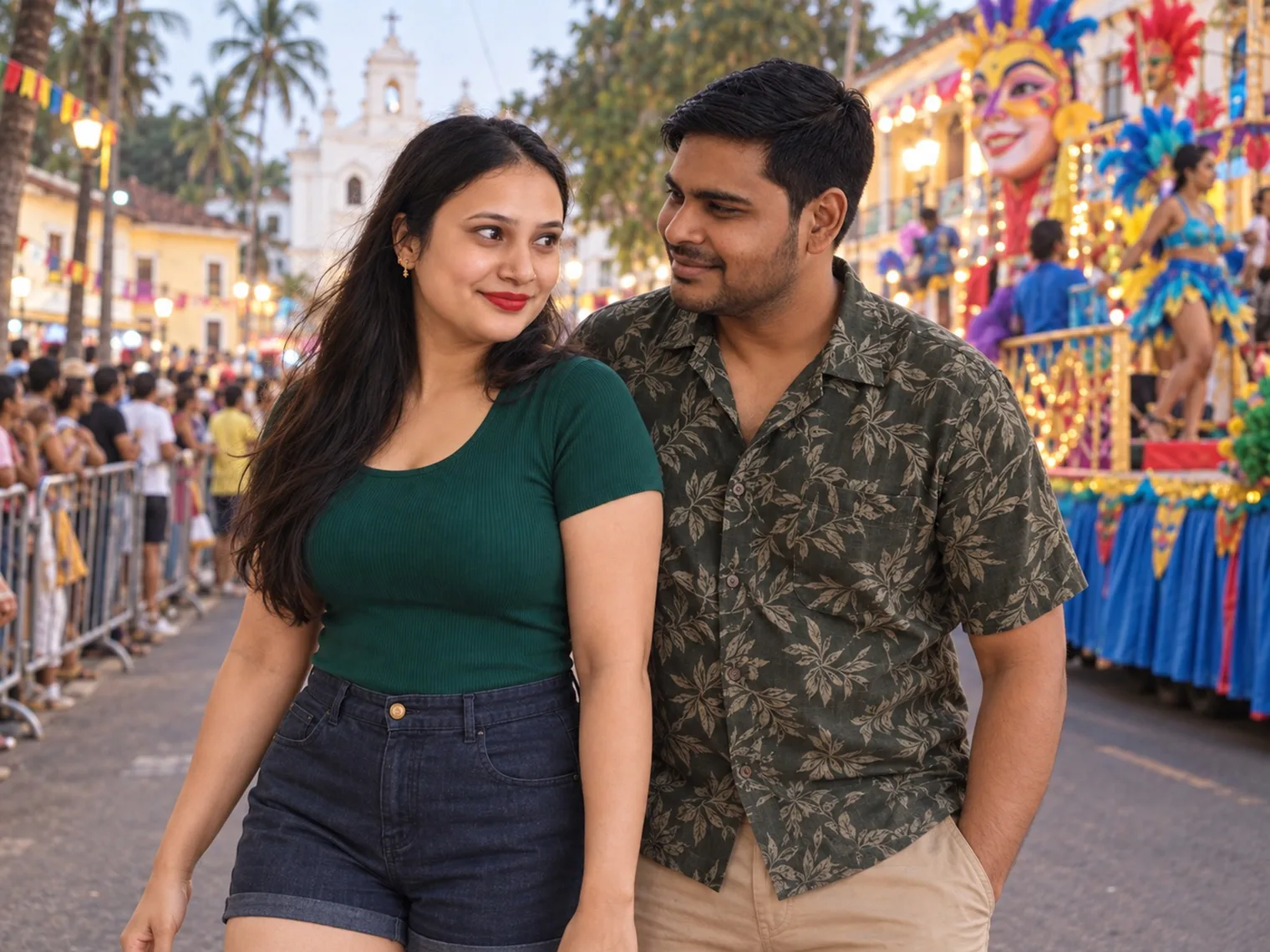 Vandana and Nav on the parade road beside the crowd barriers, a float with a giant painted mask passing behind them and a white church at the end of the street.