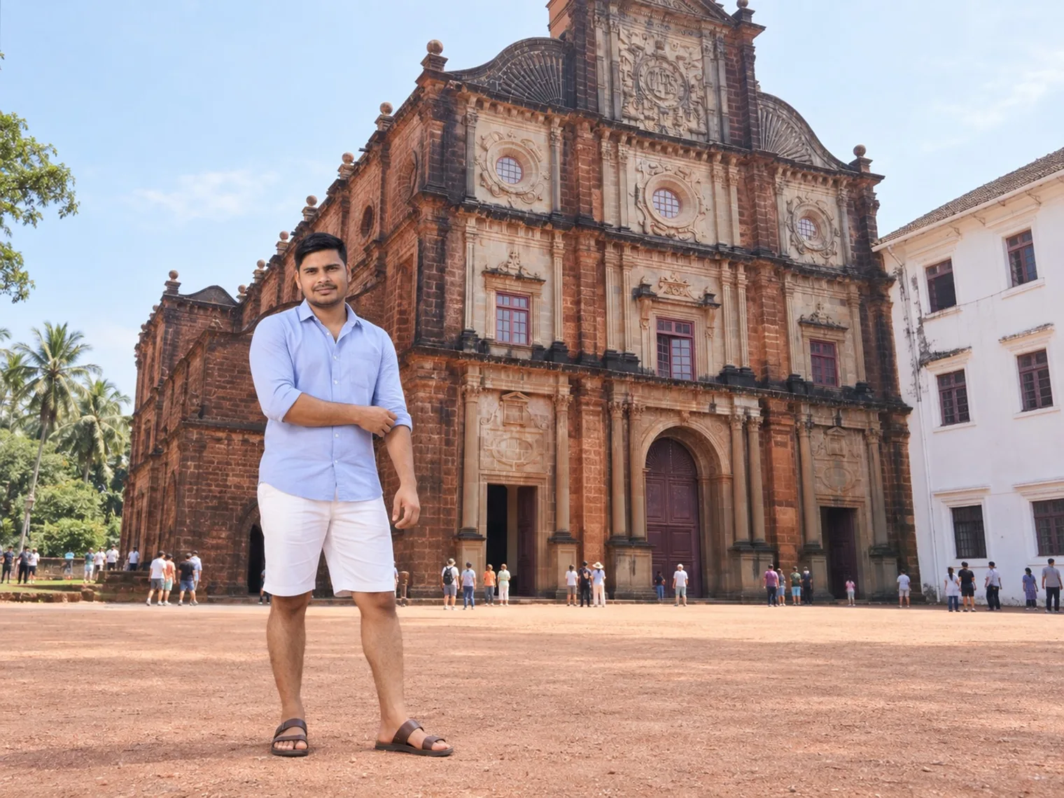Nav standing in the open square in front of the Basilica of Bom Jesus, its carved laterite facade rising behind him and visitors gathered at the doors.