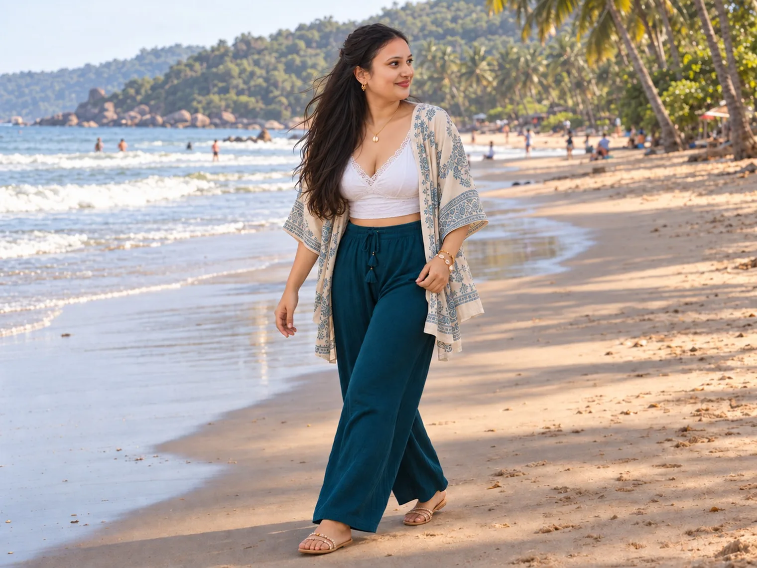 Vandana walking along the wet sand at the water's edge in a printed shrug and wide teal trousers, waves breaking to one side and a wooded headland at the end of the beach.
