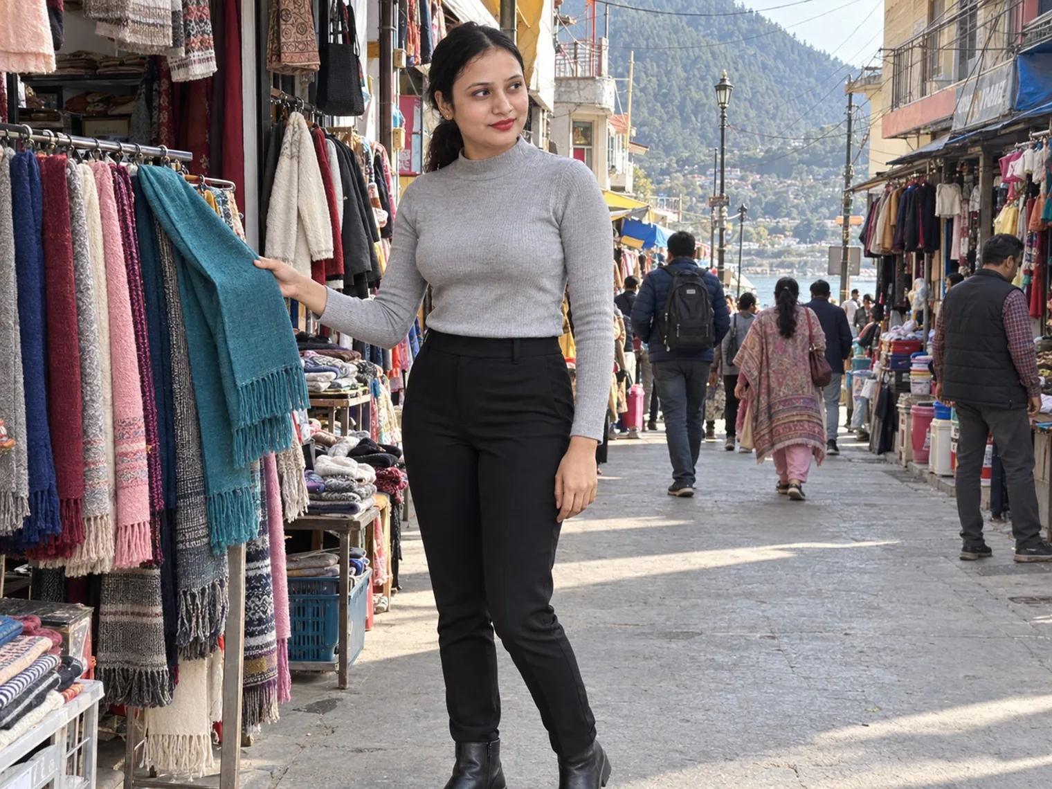 Vandana touching a teal woollen shawl on a rack outside a shop in a busy market street, more racks of woollens along the road and hills behind.