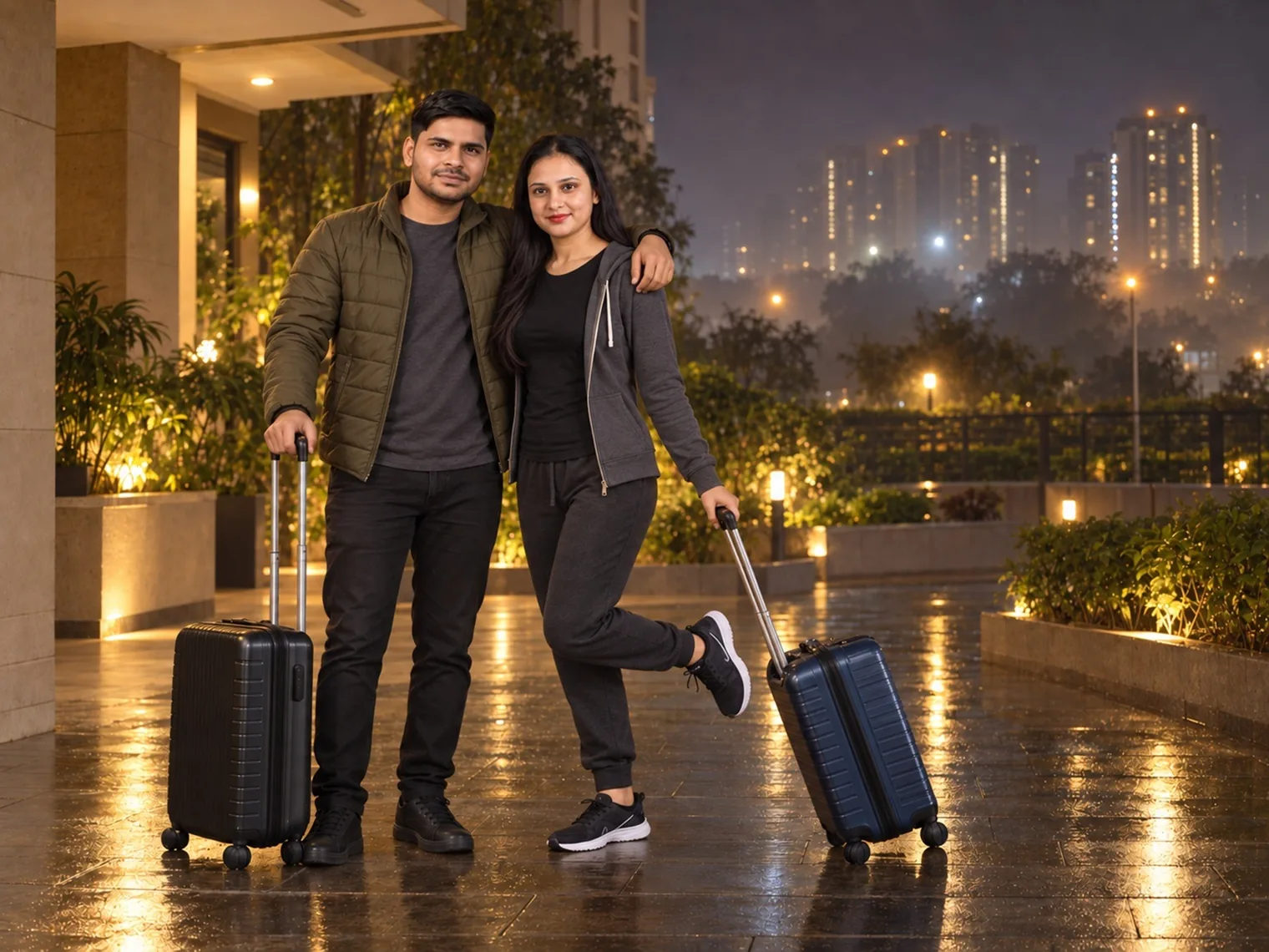 Nav and Vandana standing together at night, each with a hand on a wheeled suitcase, lights of tall buildings behind.