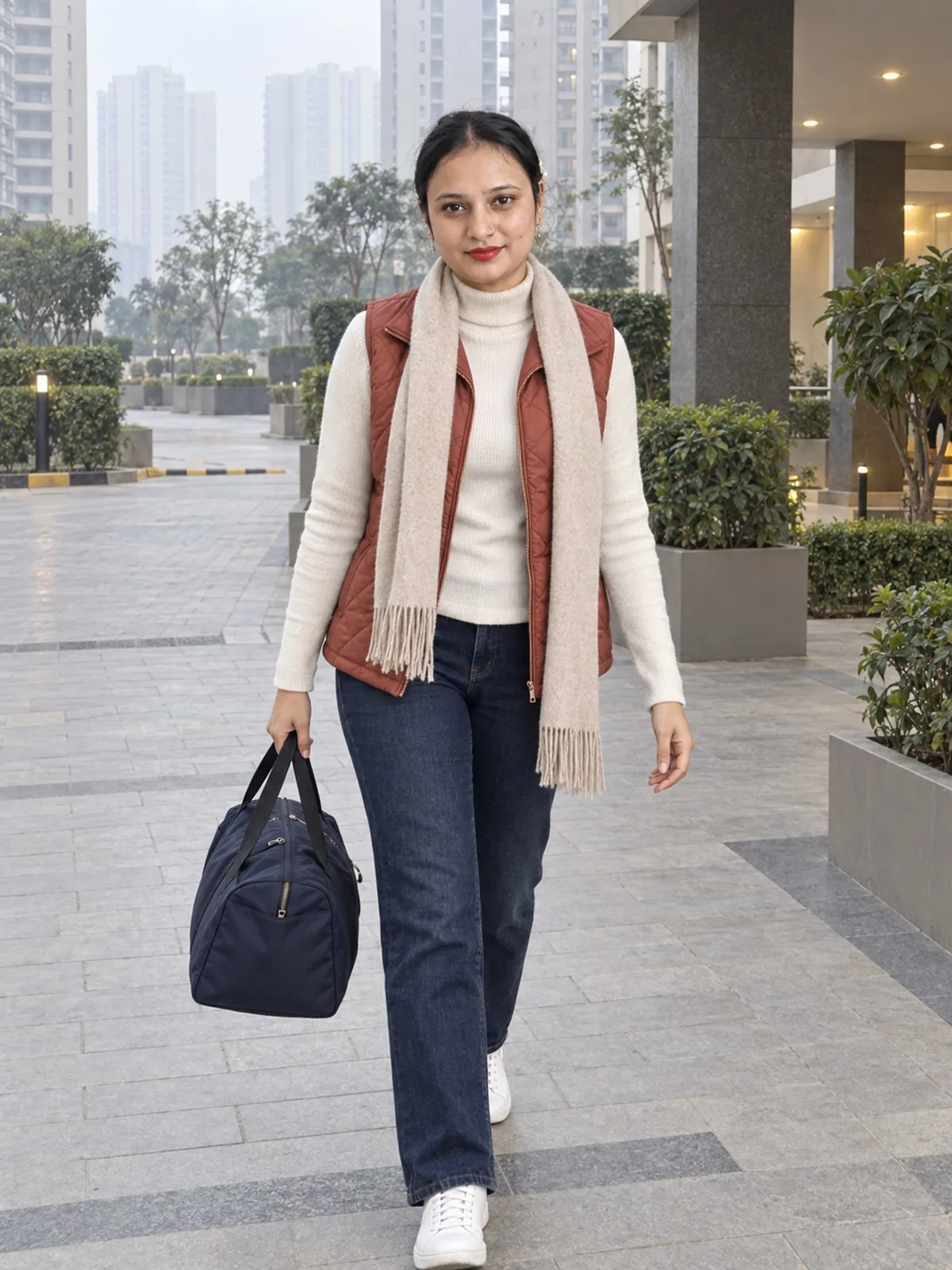 Vandana walking with a holdall past planted beds in daylight, apartment towers behind her.