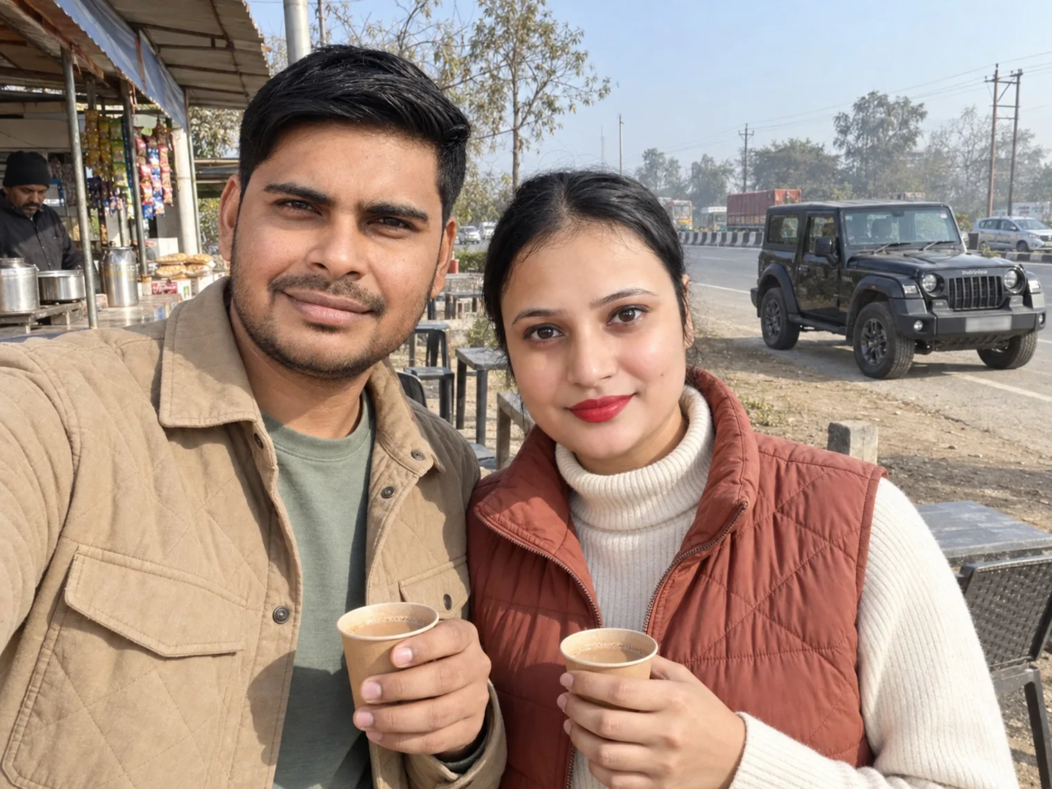 A selfie of Nav and Vandana holding paper cups of tea at a roadside stall, a black Thar and highway traffic behind them.