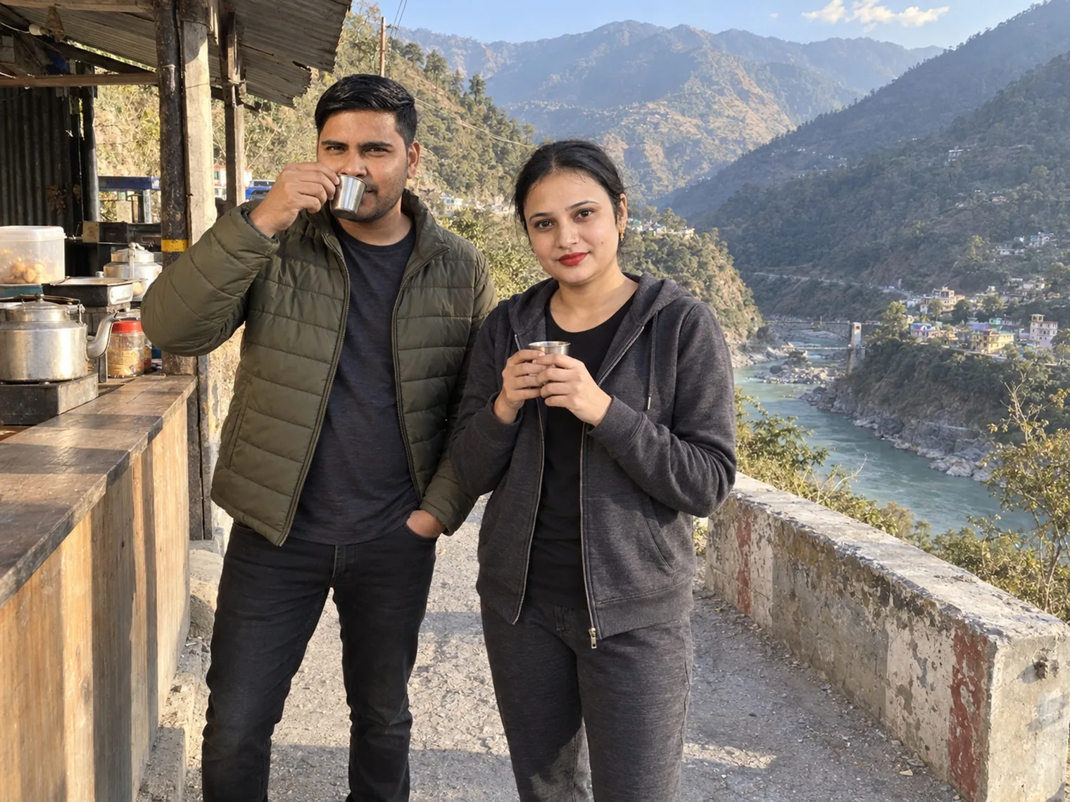 Nav and Vandana drinking tea at a wooden roadside stall, a river winding through the valley below.