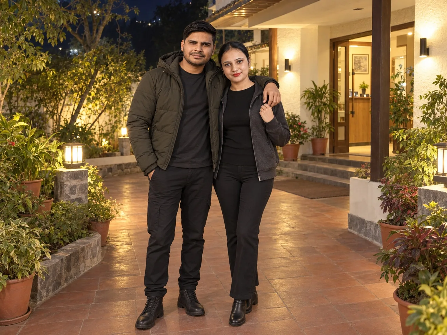 Nav and Vandana standing on a lit garden path outside a low resort building in the evening, potted plants around them.
