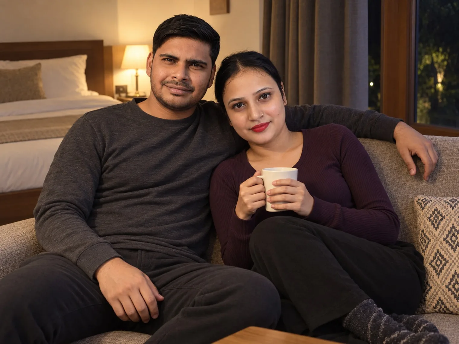 Nav and Vandana sitting on a sofa in a warm-lit room, a made bed and a dark window behind them.