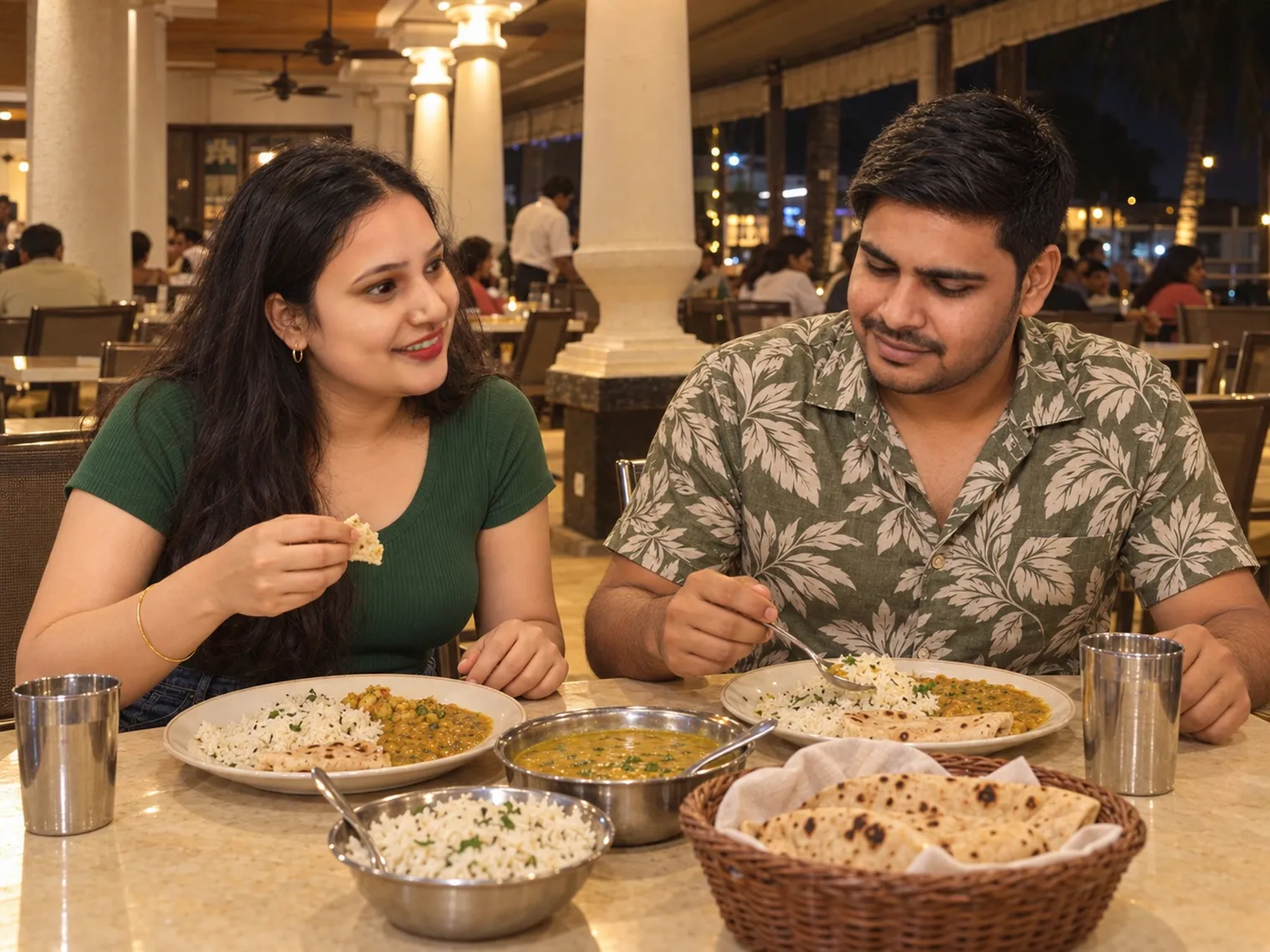 Vandana and Nav at an open-air restaurant at night, plates of jeera rice and dal, a bowl of dal and a basket of rotis on the table.