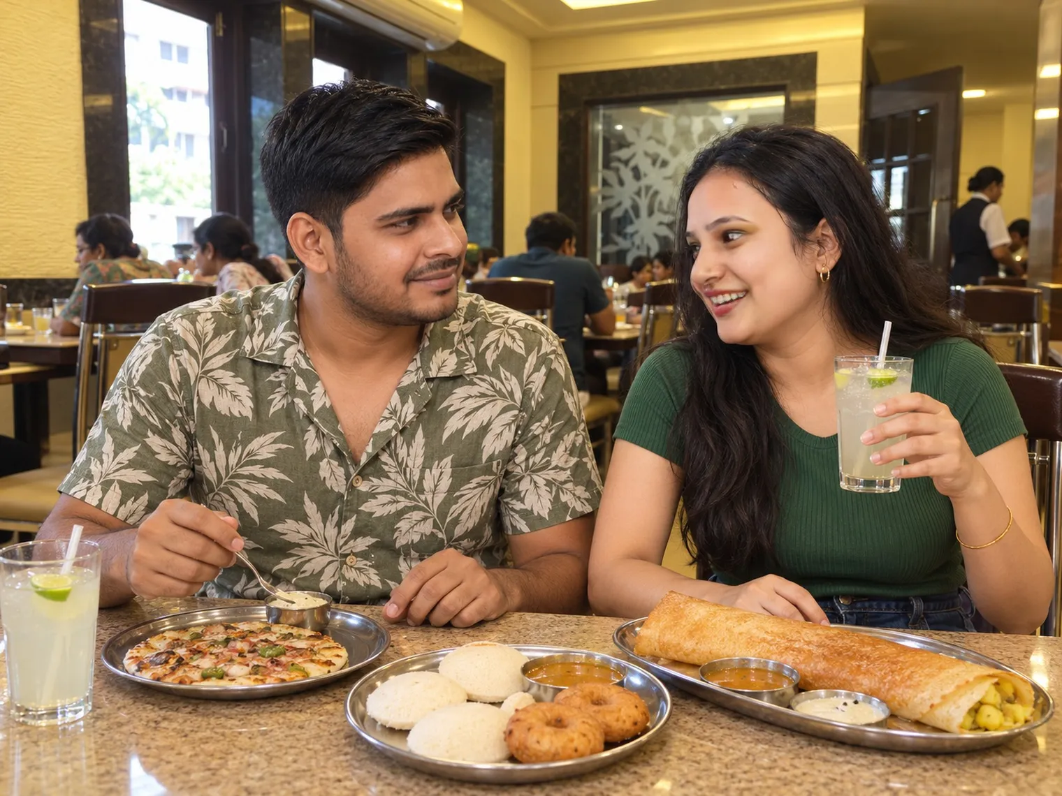 Nav and Vandana at a restaurant table with an uttapam, idli and vada with sambar, and a masala dosa, Vandana holding a fresh lime soda.
