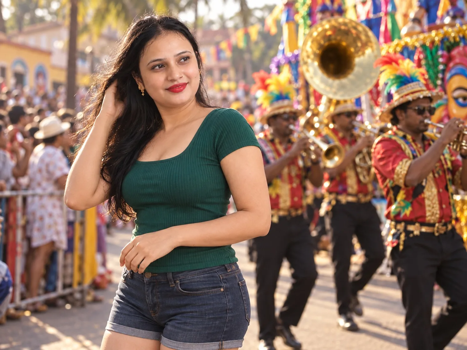 Vandana smiling on the parade road while musicians in red and gold costumes and feathered hats play brass instruments behind her.