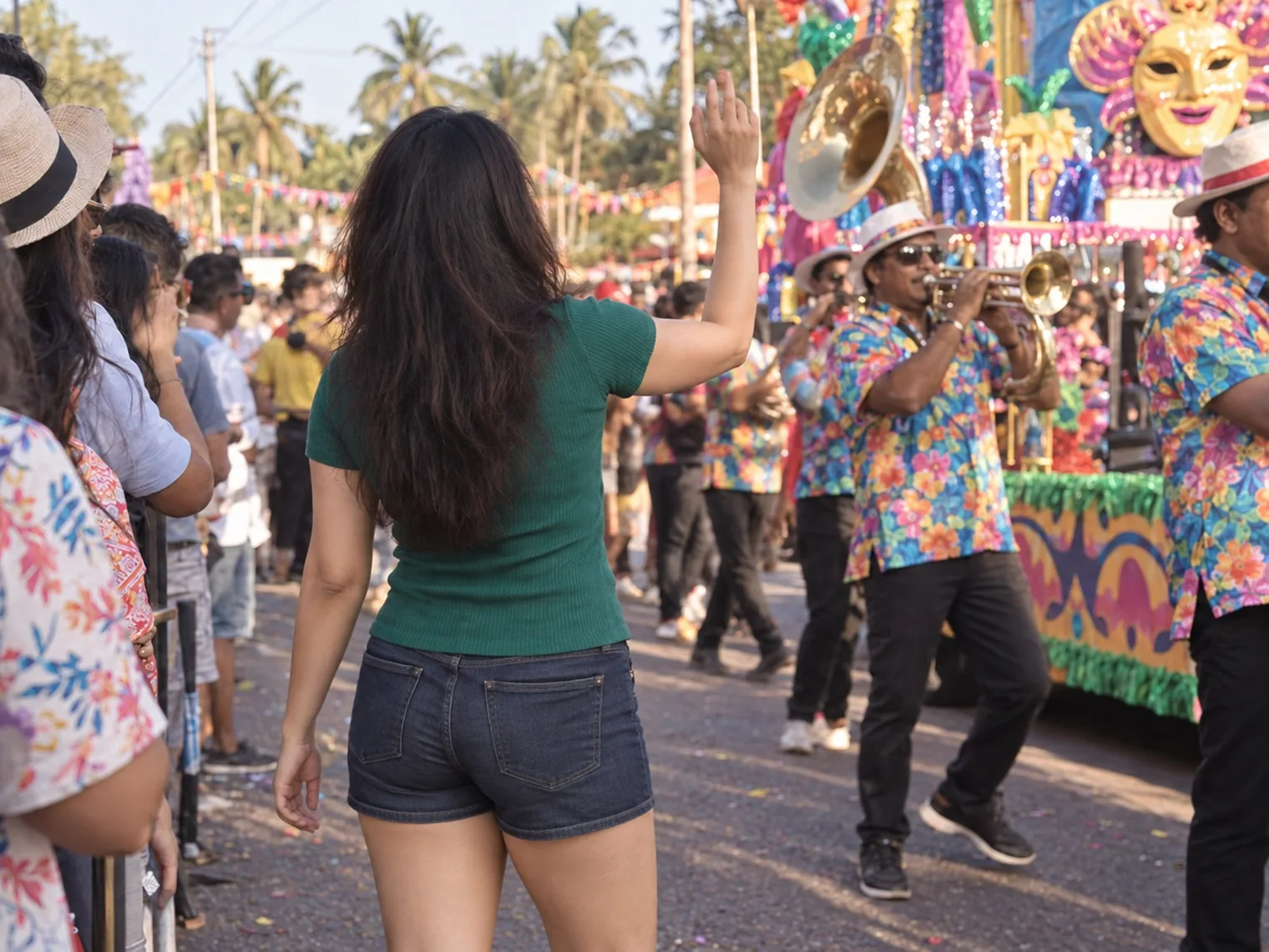Vandana, from behind, raising a hand as a brass band in flowered shirts marches past, a float with a gold mask behind them.