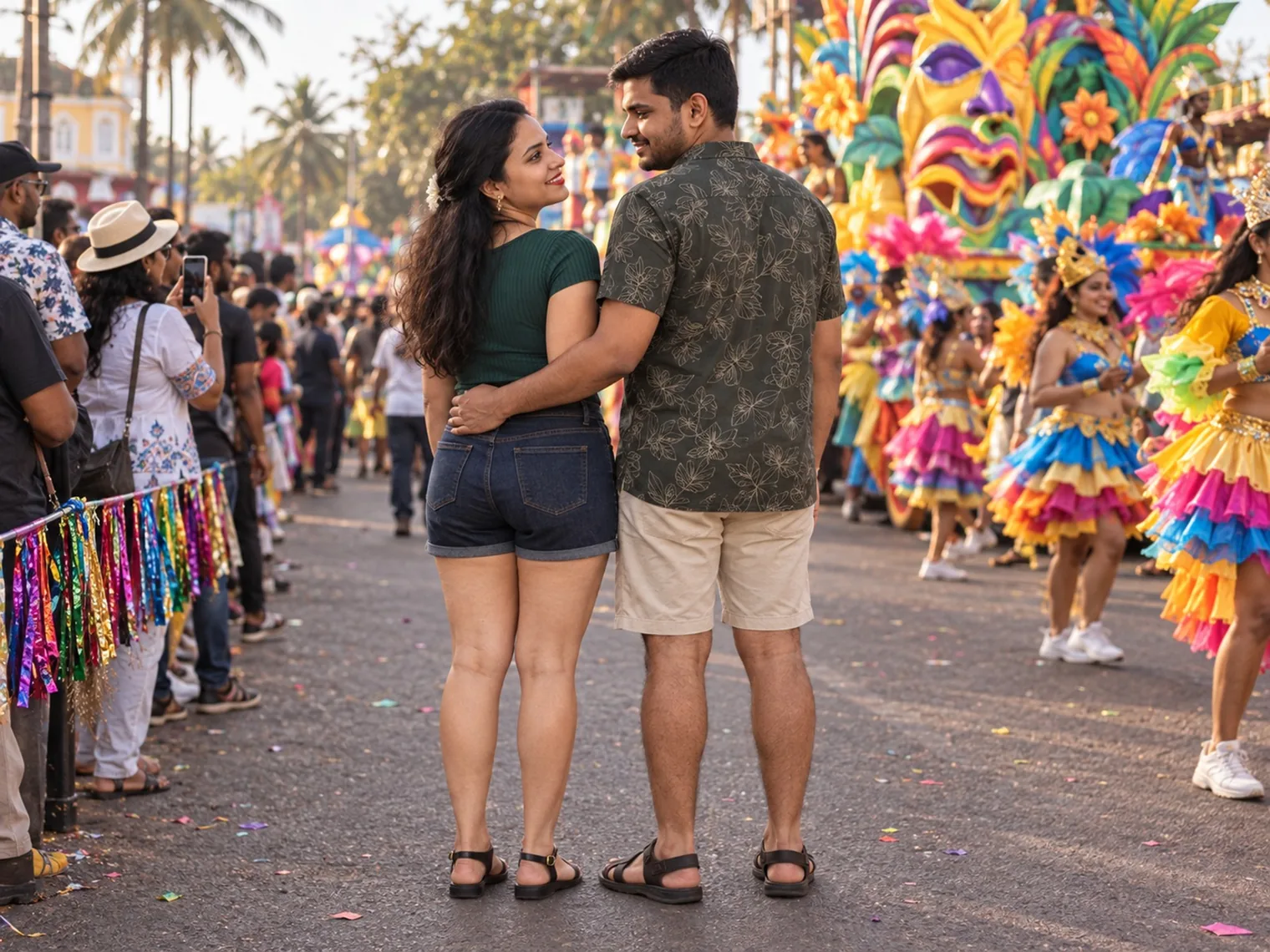 Nav and Vandana from behind, his arm around her and her face turned to him, beside dancers in layered pink, blue and yellow skirts.