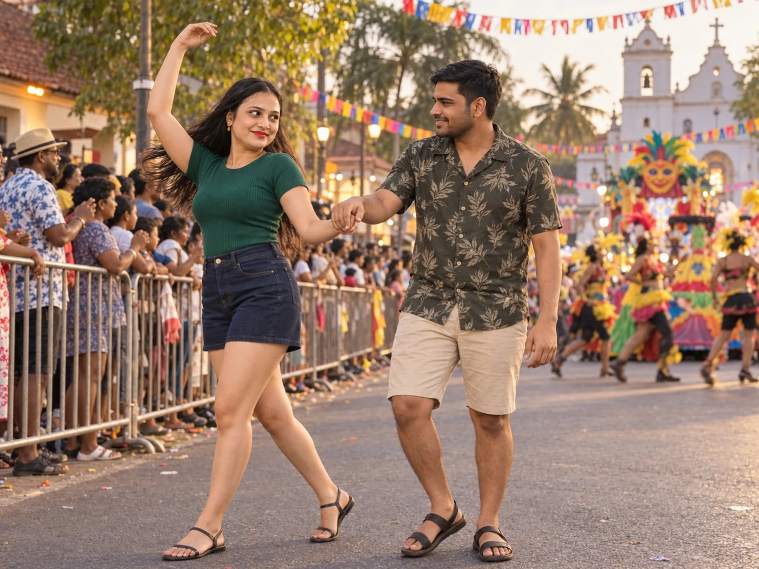 Nav and Vandana dancing hand in hand on the parade road, spectators behind barricades on the left and costumed dancers on the right.