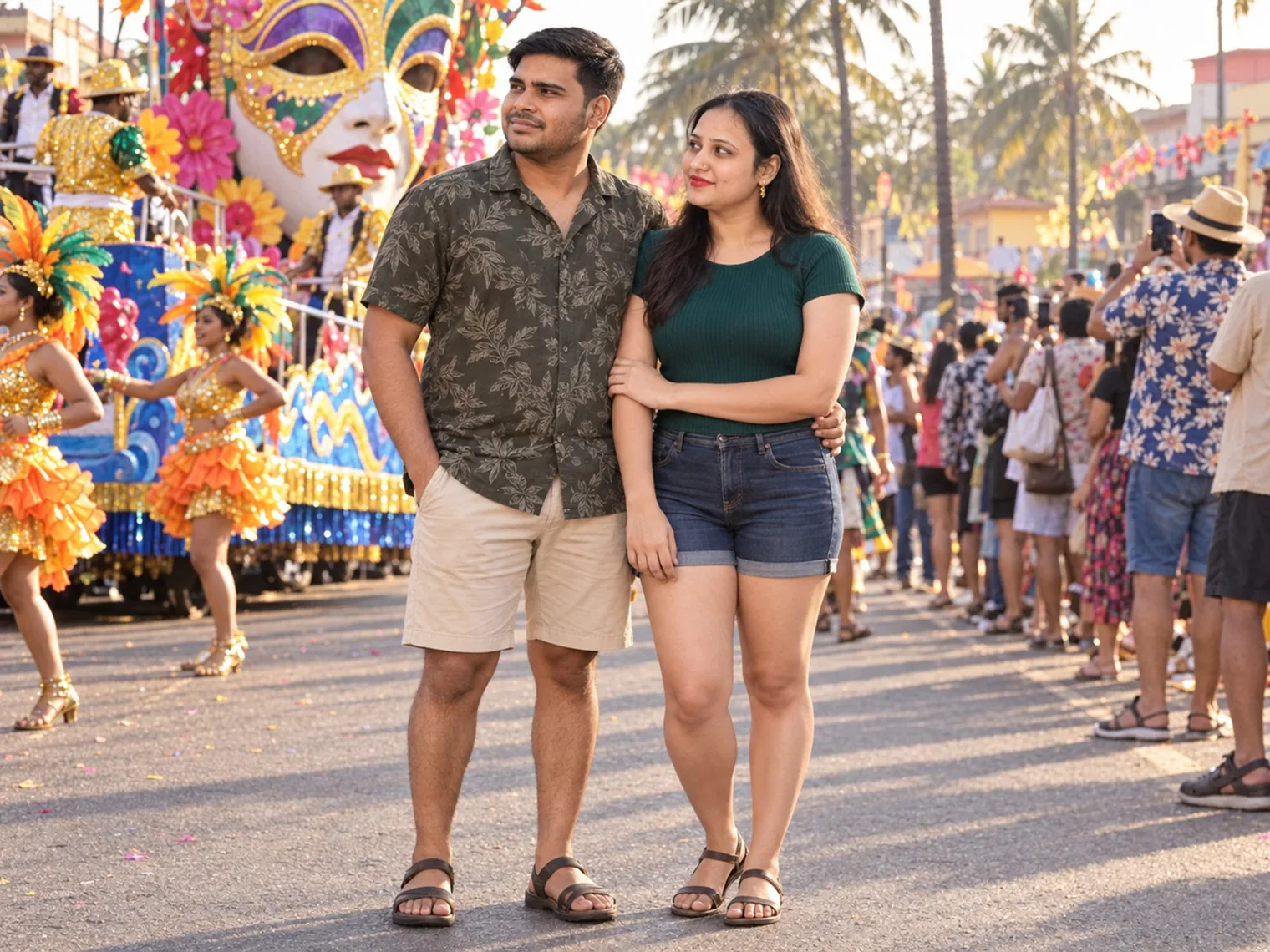 Nav and Vandana standing close together on the parade road, a float topped by a huge gold-trimmed mask and dancers in orange and gold behind them.