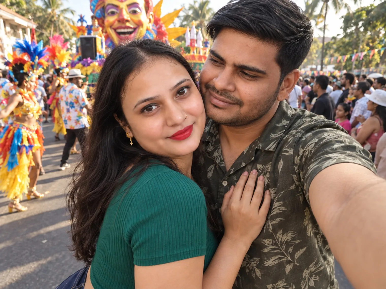 A selfie of Vandana and Nav cheek to cheek, a float with a huge laughing face and feathered dancers behind them.