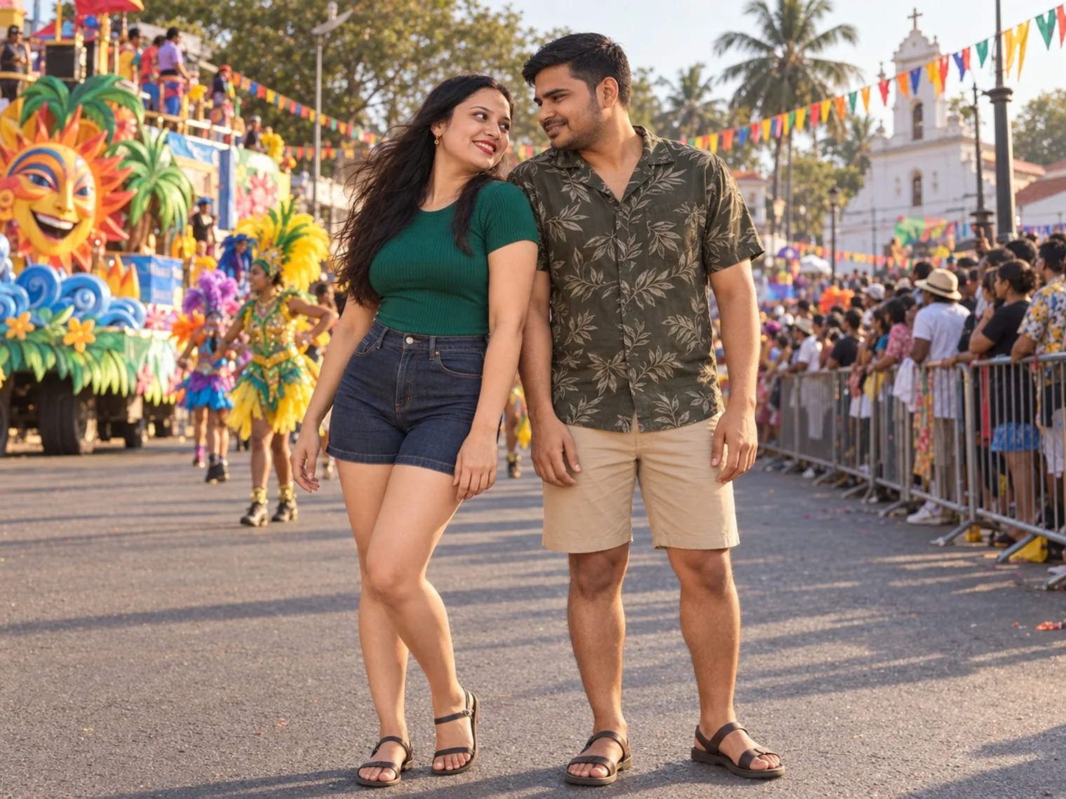 Nav and Vandana on the parade road beside a float with a giant smiling sun face, feathered dancers by the float and spectators behind barricades on the right.