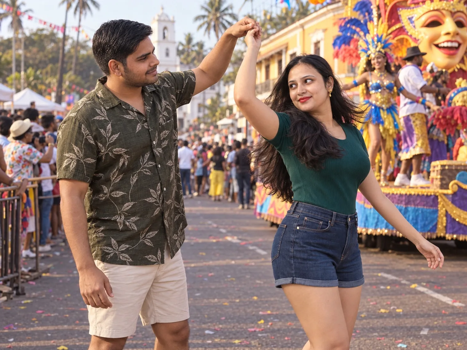 Nav holding Vandana's raised hand as she twirls on the confetti-strewn road, smiling back at him, a float with a giant mask beside them.
