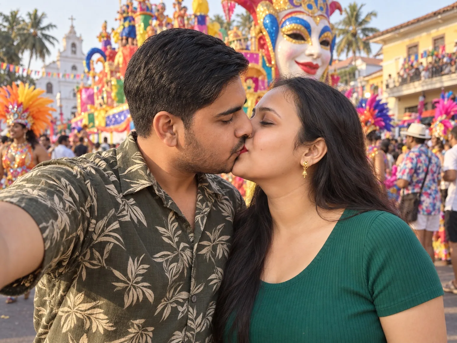 Nav and Vandana kissing in a selfie, a float with a huge jester mask behind them.