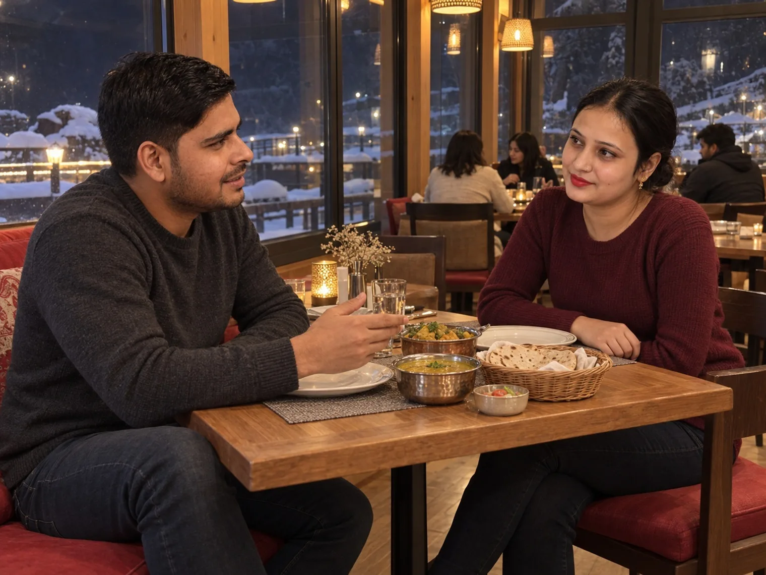 Nav and Vandana at a candle-lit table with bowls of curry and a basket of roti, other diners and lit windows behind.