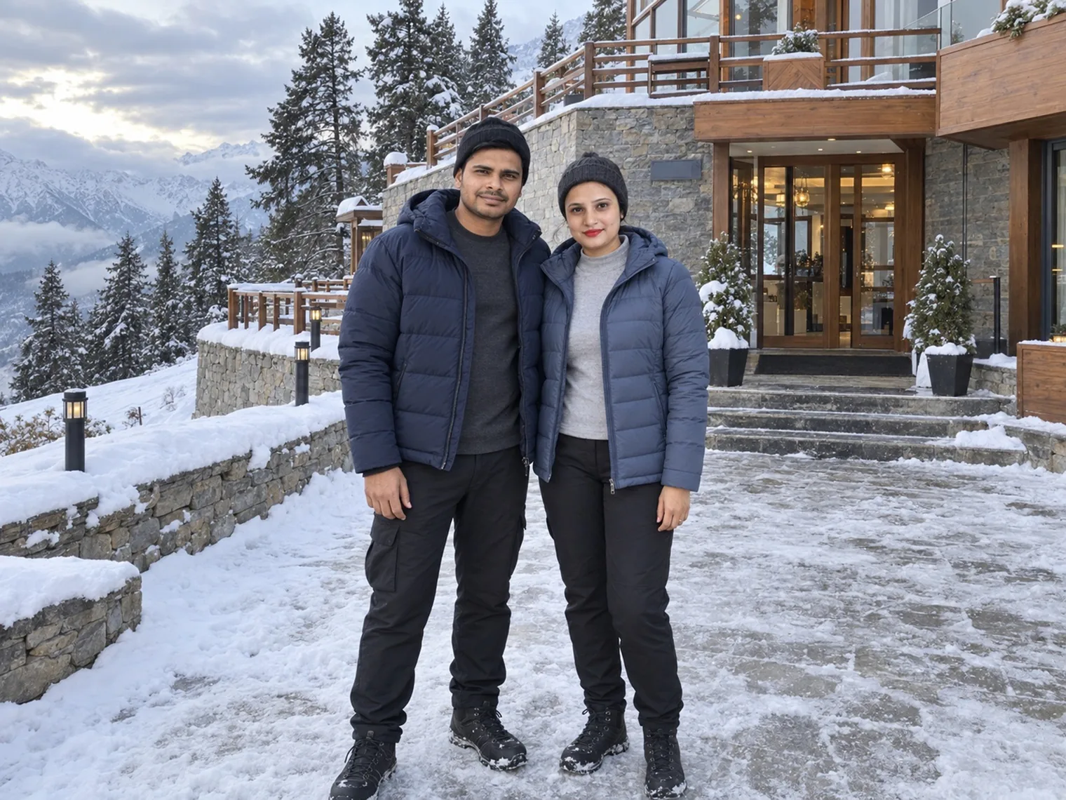 Nav and Vandana outside a hotel entrance in daylight snow, snow-laden pines and peaks behind them.
