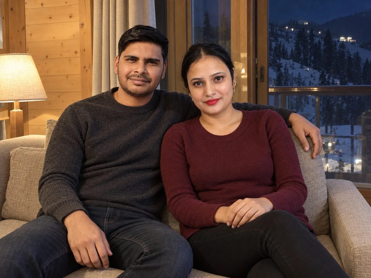 Nav and Vandana sitting close on a grey sofa beside a lamp, a dark window behind them.