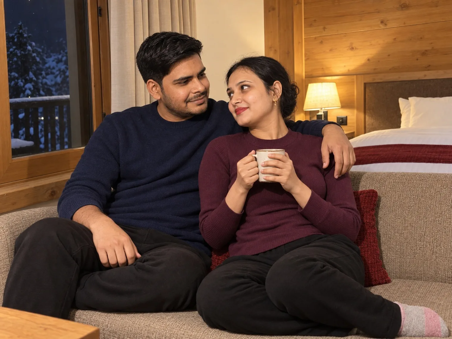 Nav with his arm around Vandana on a sofa, Vandana holding a mug, a bed and a lamp behind them.