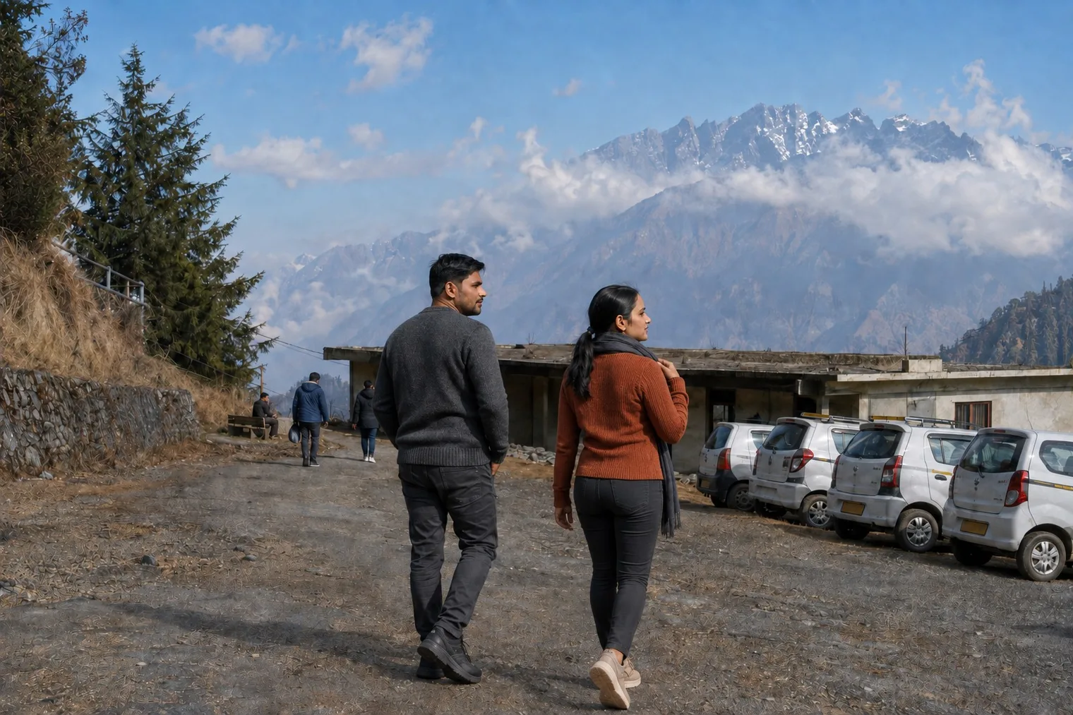 Nav and Vandana walking across a gravel parking area towards a row of white hatchback taxis, a snow-streaked mountain range behind.