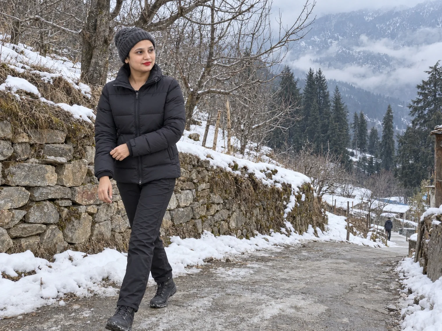 Vandana walking along a cleared path between a stone wall and snowbanks, pine forest and cloud behind.