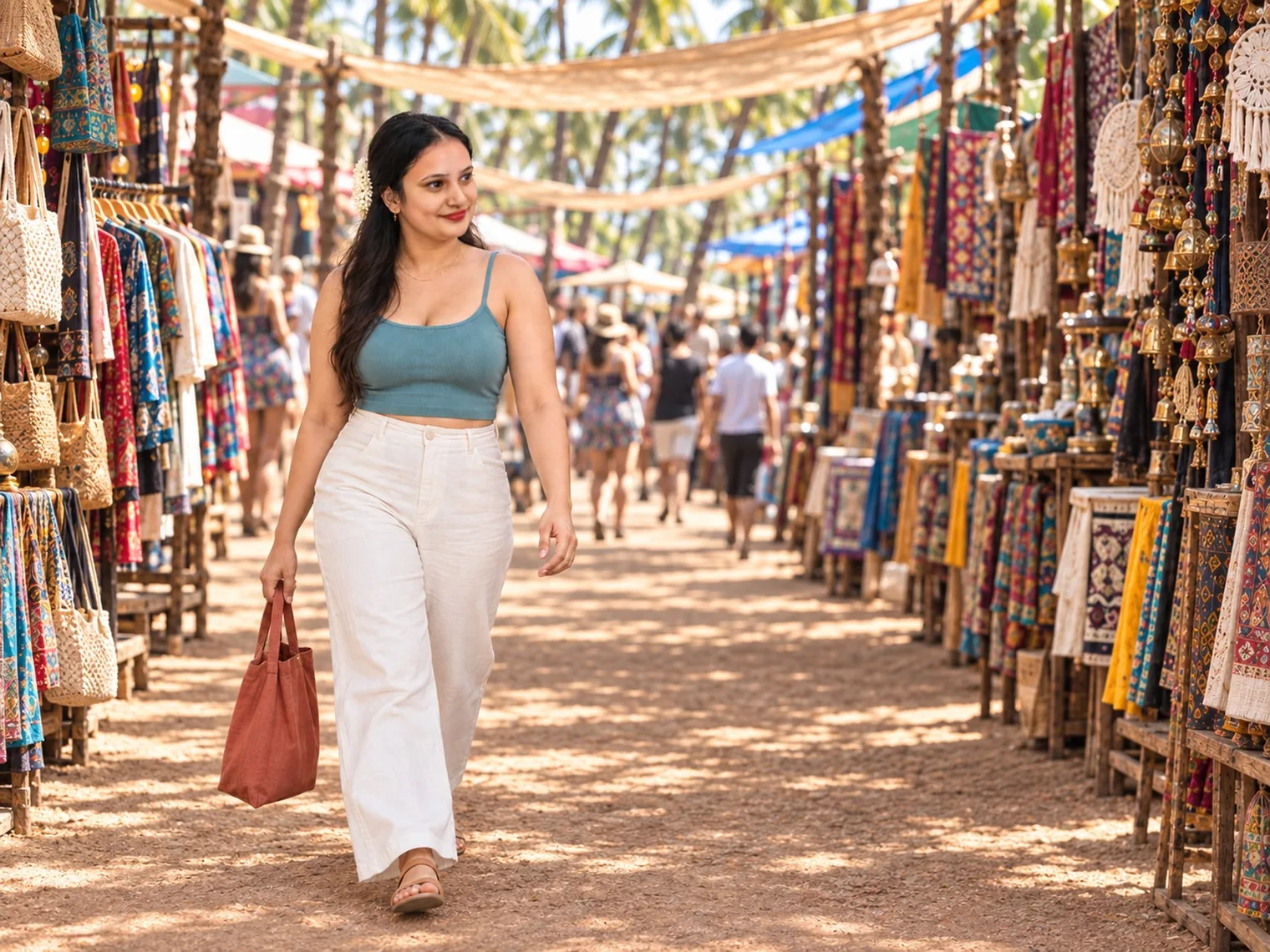 Vandana walking down a sandy lane of Anjuna flea market stalls hung with bags, clothes and fabric, cloth awnings overhead and shoppers further along.