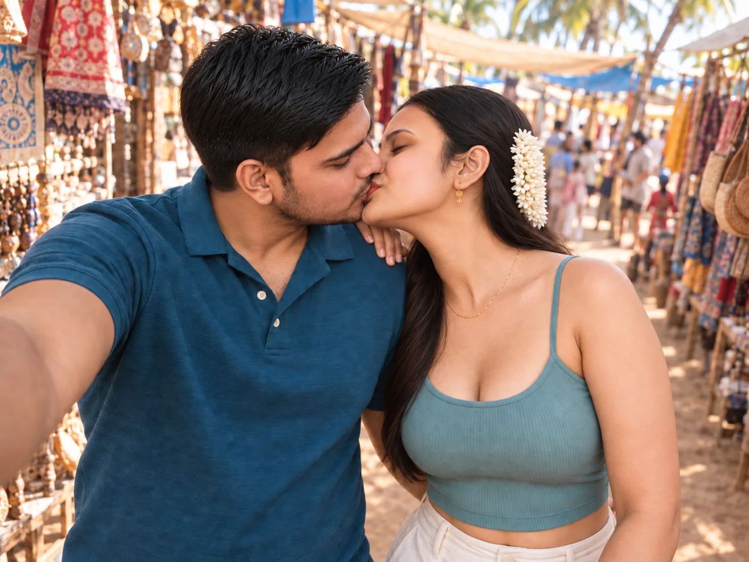 Nav and Vandana kissing in a selfie between stalls at the Anjuna flea market.