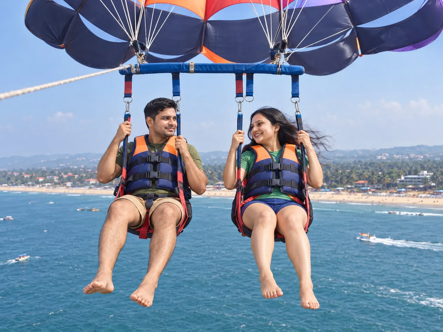 Nav and Vandana side by side in a parasailing harness under a striped canopy, high over blue water, with the beach and palm trees of the coast behind them.