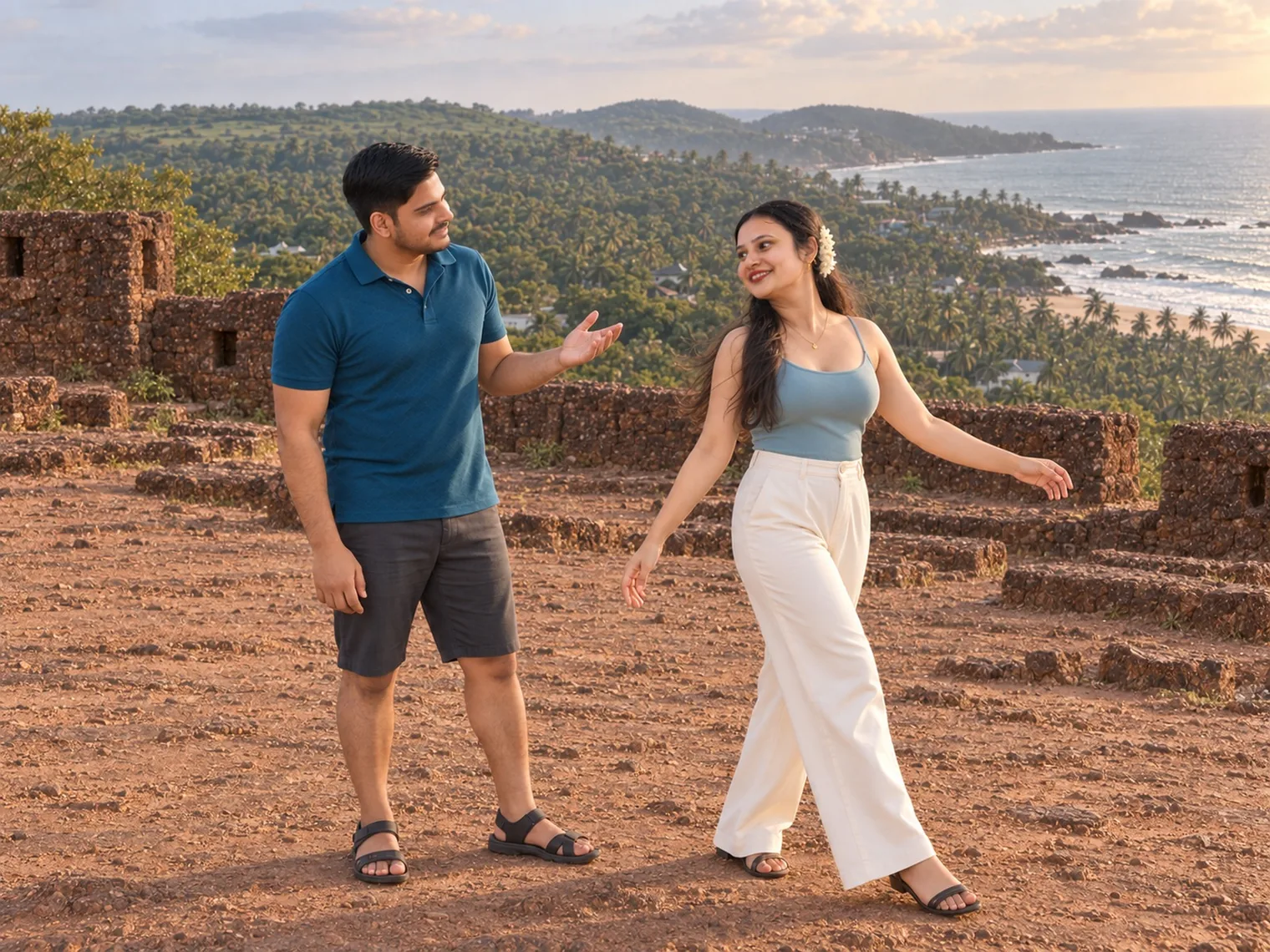 Nav and Vandana among the laterite ruins inside Chapora Fort, low broken walls around them, palm groves and the coast below in warm light.