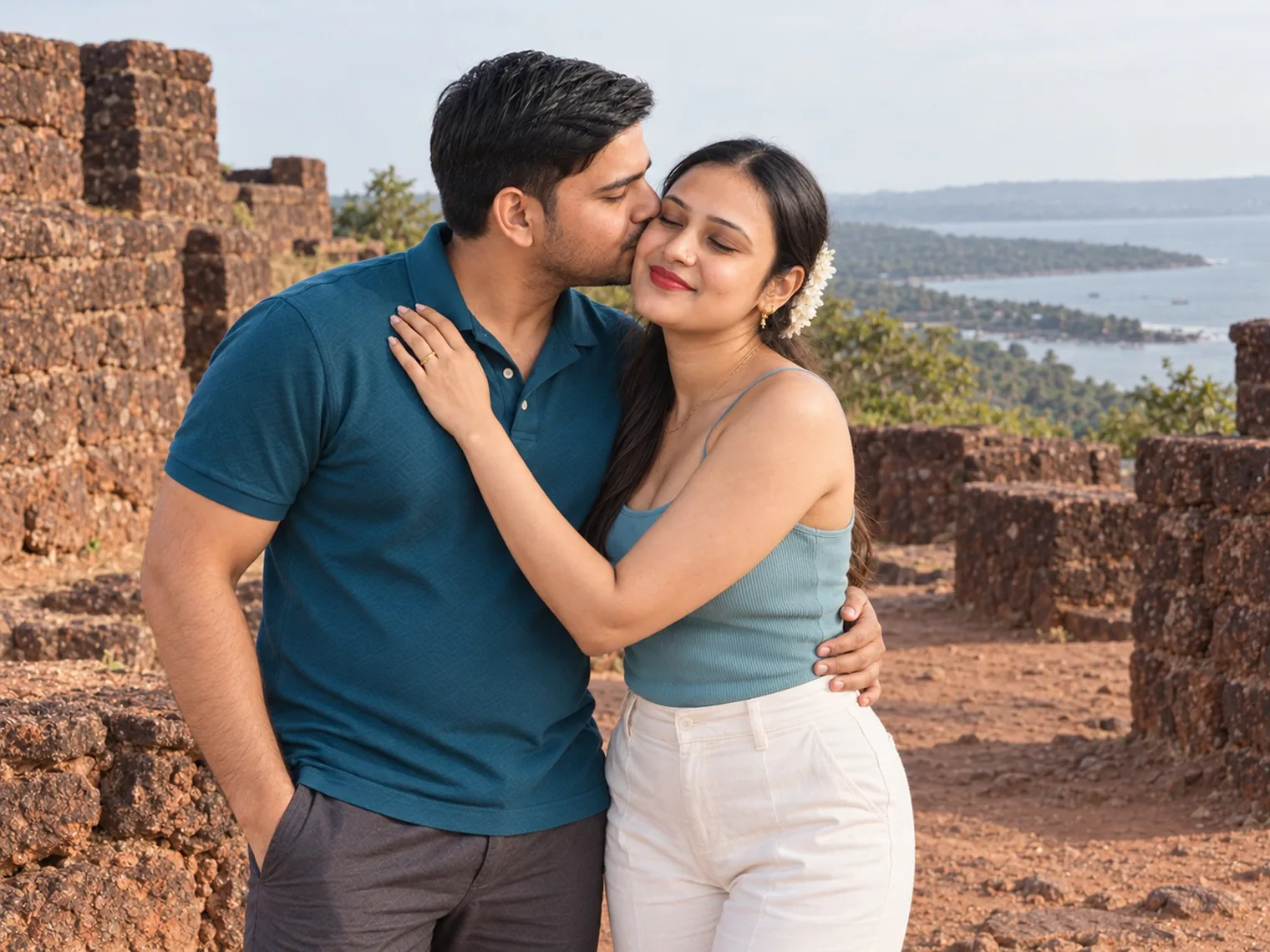 Nav kissing Vandana's cheek beside a laterite wall at Chapora Fort, the water and the coast behind them.