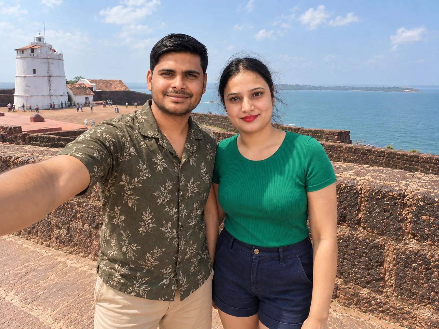 Nav and Vandana taking a selfie on the laterite ramparts of Fort Aguada, a white lighthouse tower behind them and the sea beyond.