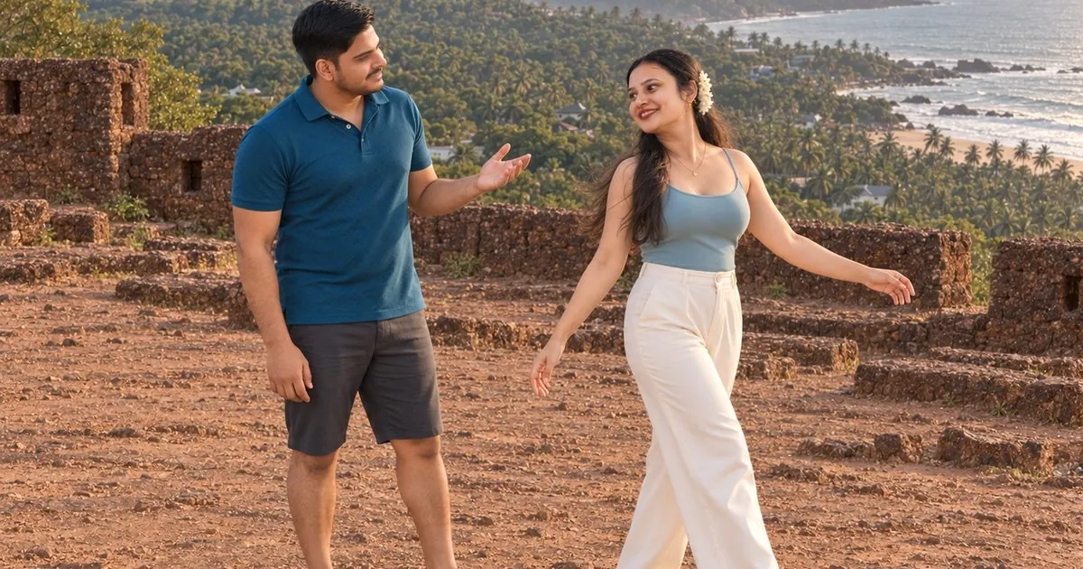 Nav and Vandana among the low laterite walls inside Chapora Fort, palm groves and the coast below, February 2026.