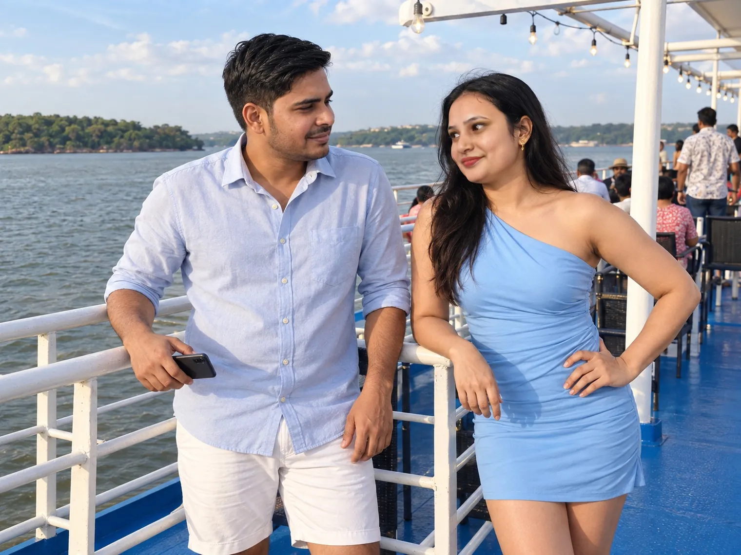 Nav and Vandana leaning on the white rail of a cruise boat's deck on the Mandovi river, a wooded island and the far bank behind them, other passengers at tables further along the deck.