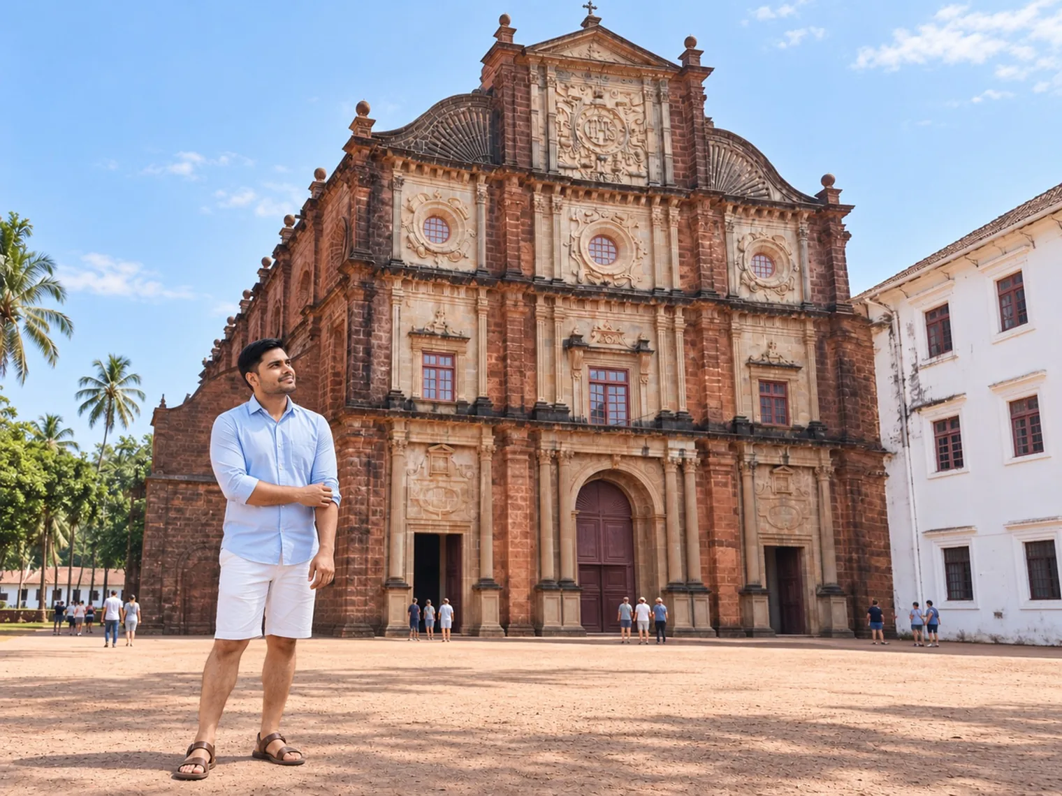 Nav standing in the open square in front of the red laterite facade of the Basilica of Bom Jesus, visitors near its doors.