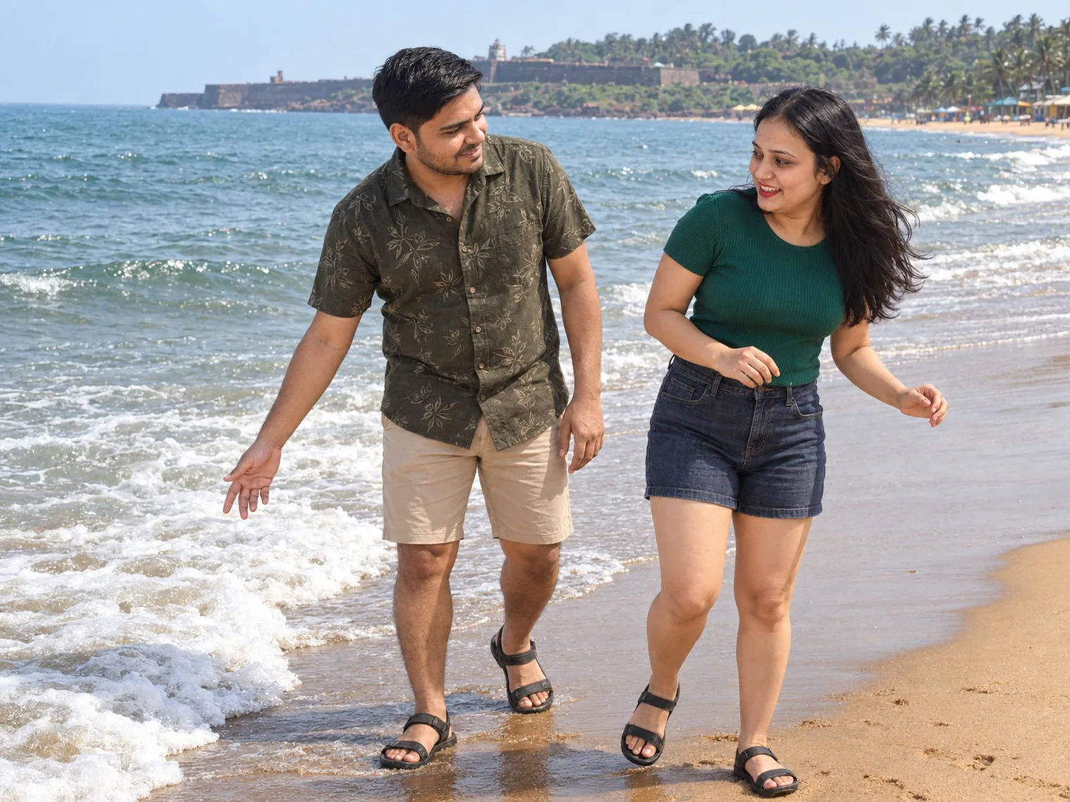 Nav and Vandana walking at the water's edge on Sinquerim beach, the low wall of Fort Aguada behind them, February 2026