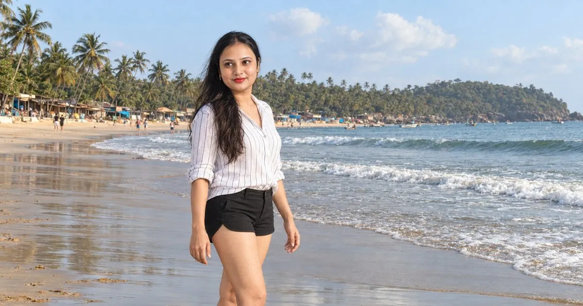 Vandana walking at the water's edge on Palolem beach, the curve of the bay and a wooded headland behind her, February 2026.