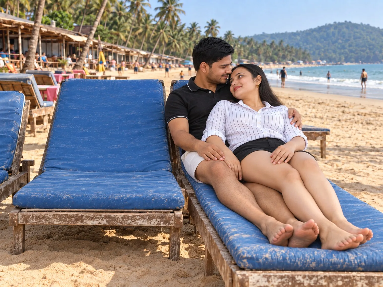 Nav and Vandana reclining together on a blue sunbed in front of the beach shacks at Palolem, an empty sunbed beside them and the sea and headland beyond.