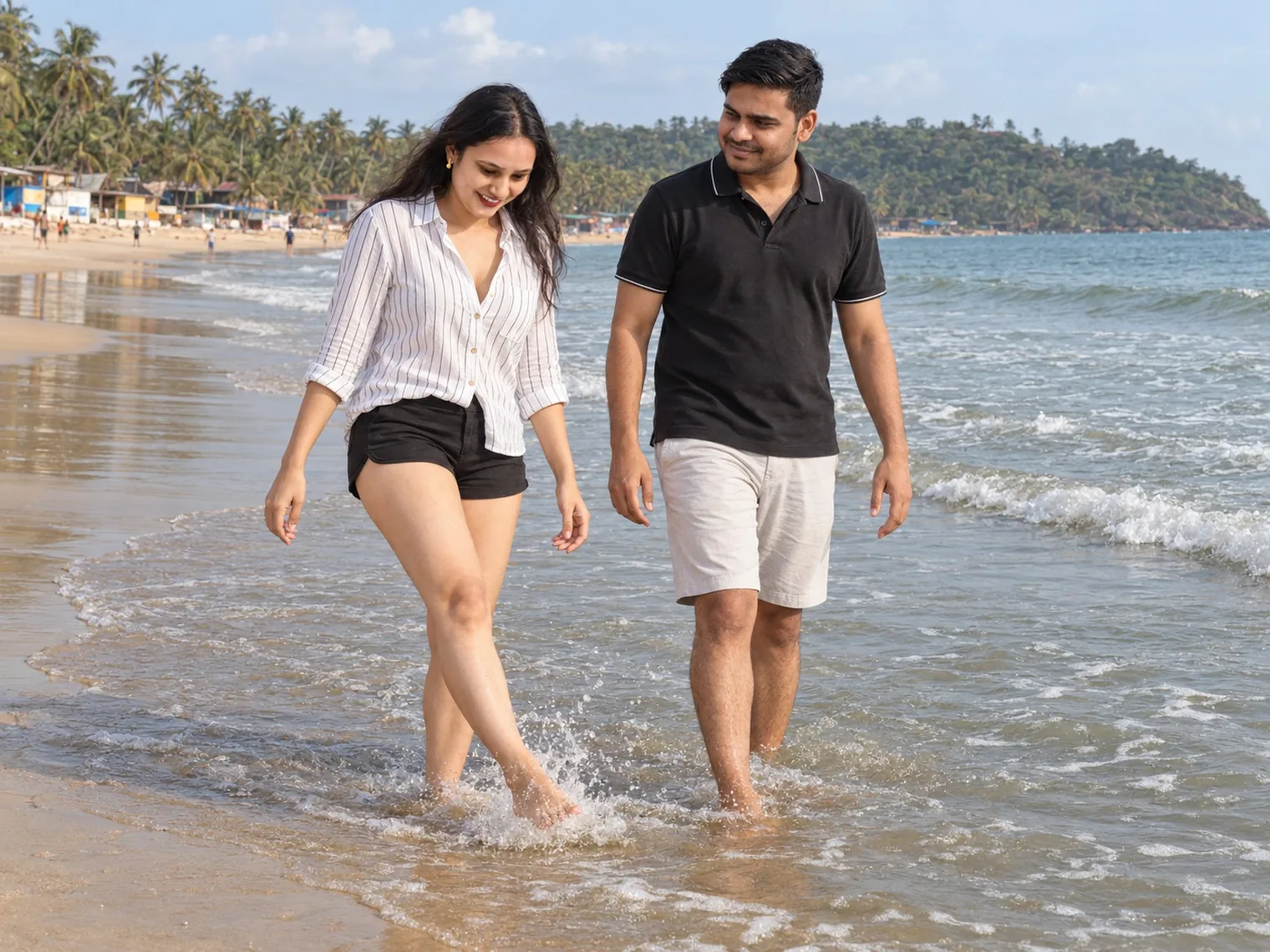 Nav and Vandana walking barefoot through the shallow water at the edge of Palolem beach, palm trees, beach huts and the wooded headland behind them.