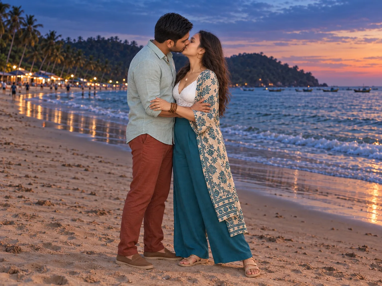 Nav and Vandana kissing on Palolem beach at dusk, lights along the beach behind them, boats on the water and the headland against an orange sky.
