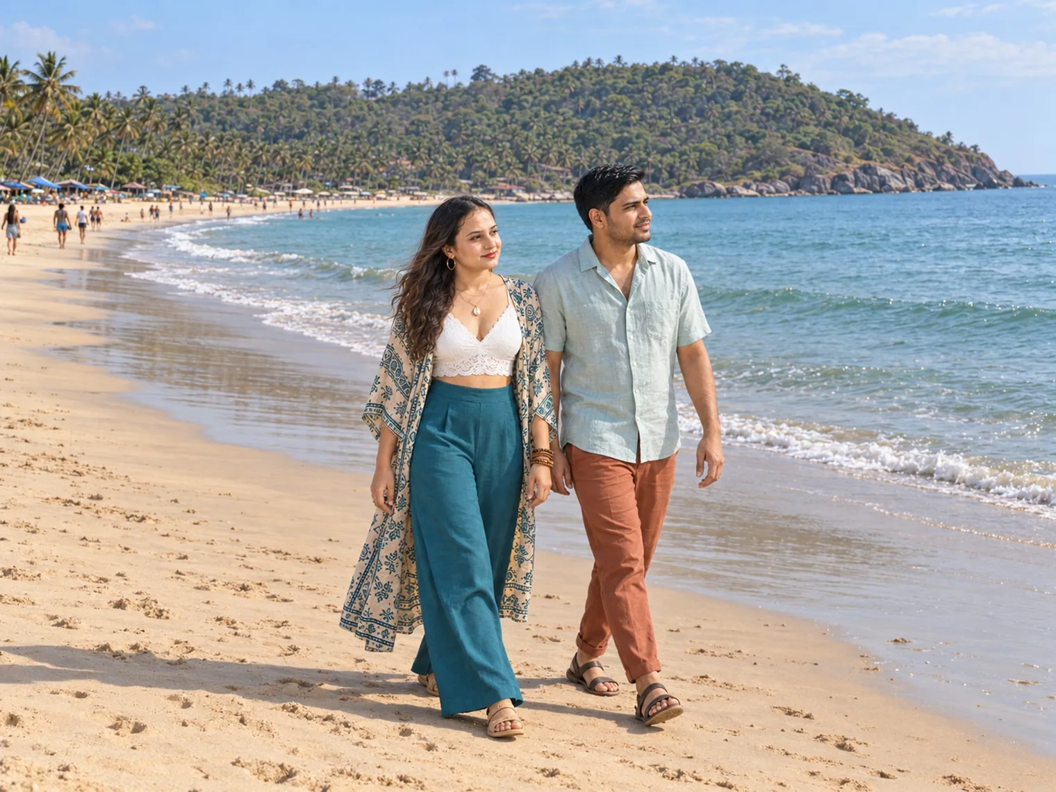 Nav and Vandana walking along the water's edge at Palolem, the beach curving away to a wooded headland.