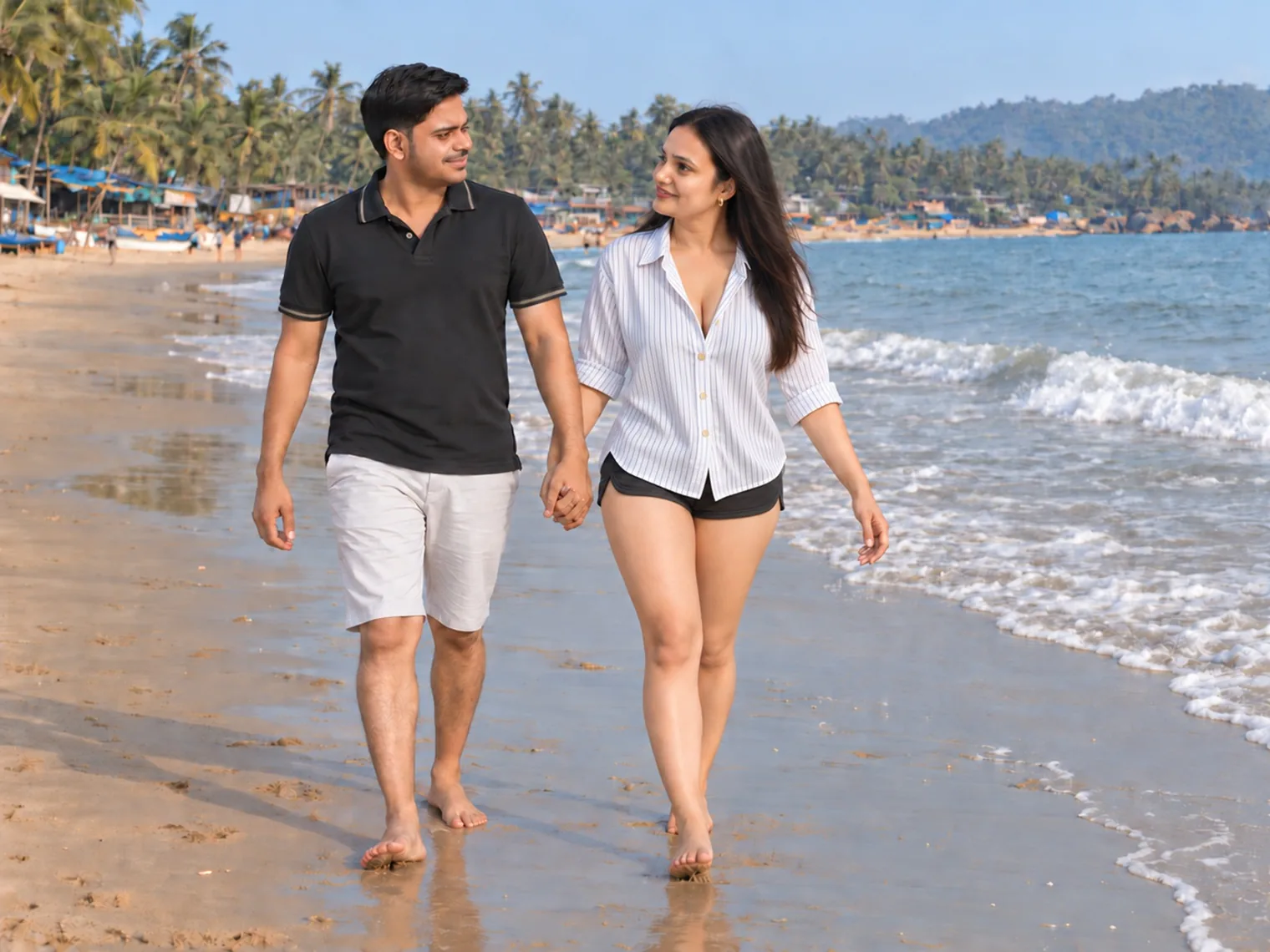 Nav and Vandana walking hand in hand barefoot at the water's edge on Palolem beach, beach huts under the palms behind them.